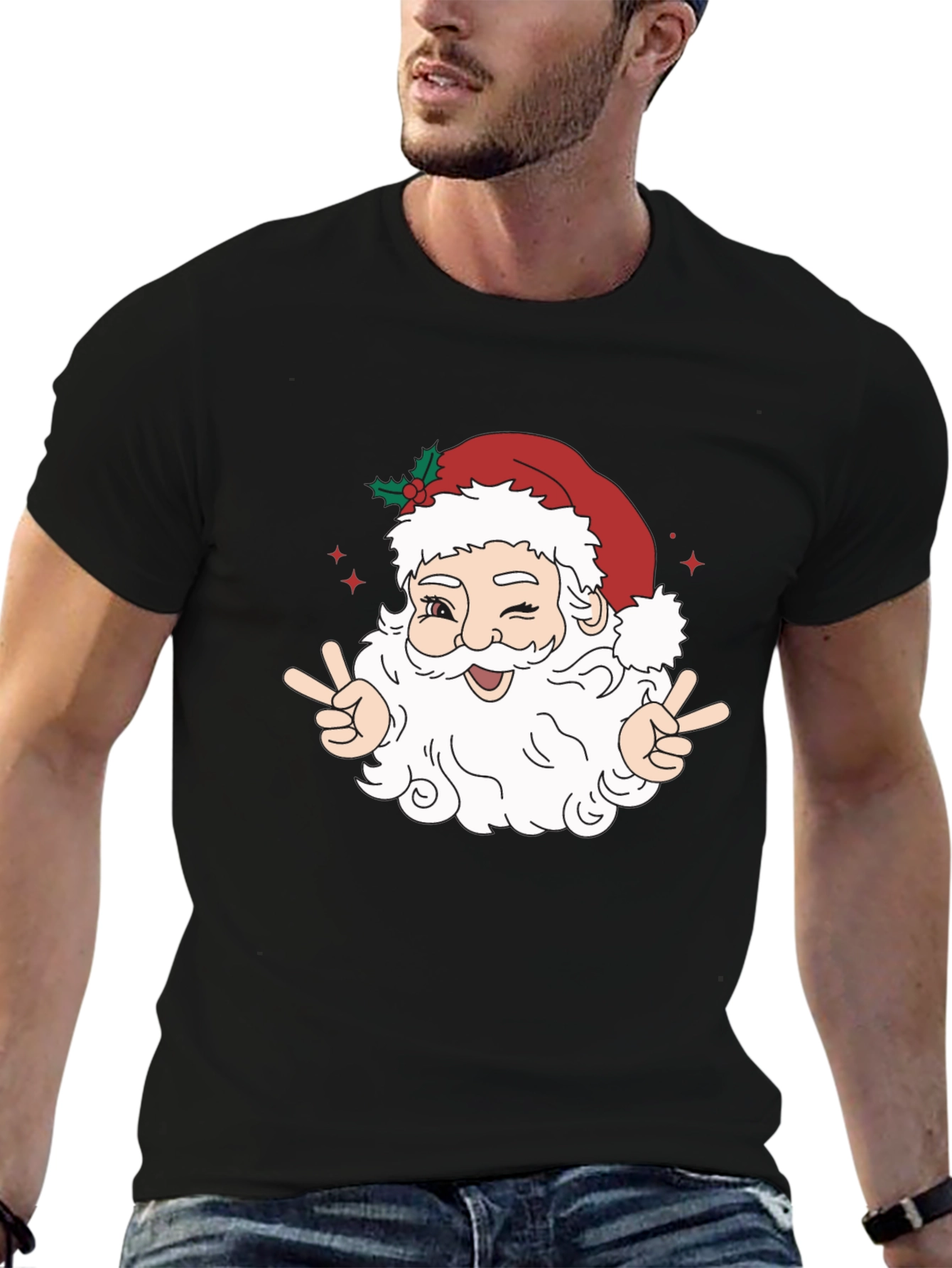 Santa Peace Sign Black T-Shirt