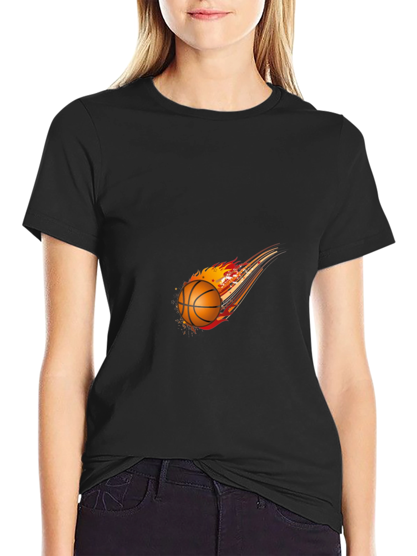 Fiery Basketball Graphic Tee - Black Cotton Blend