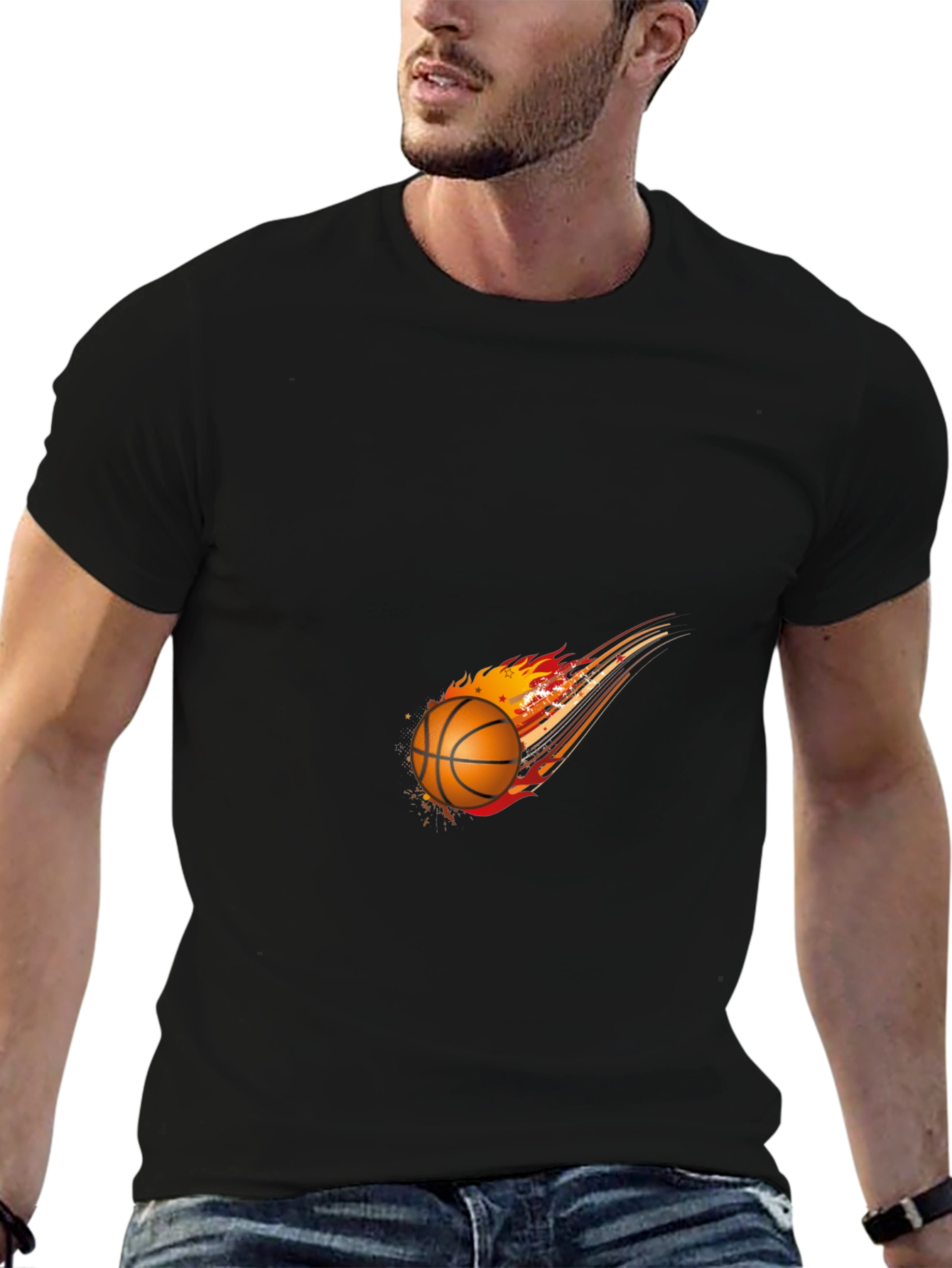 Fiery Basketball Graphic Tee - Black Cotton Blend