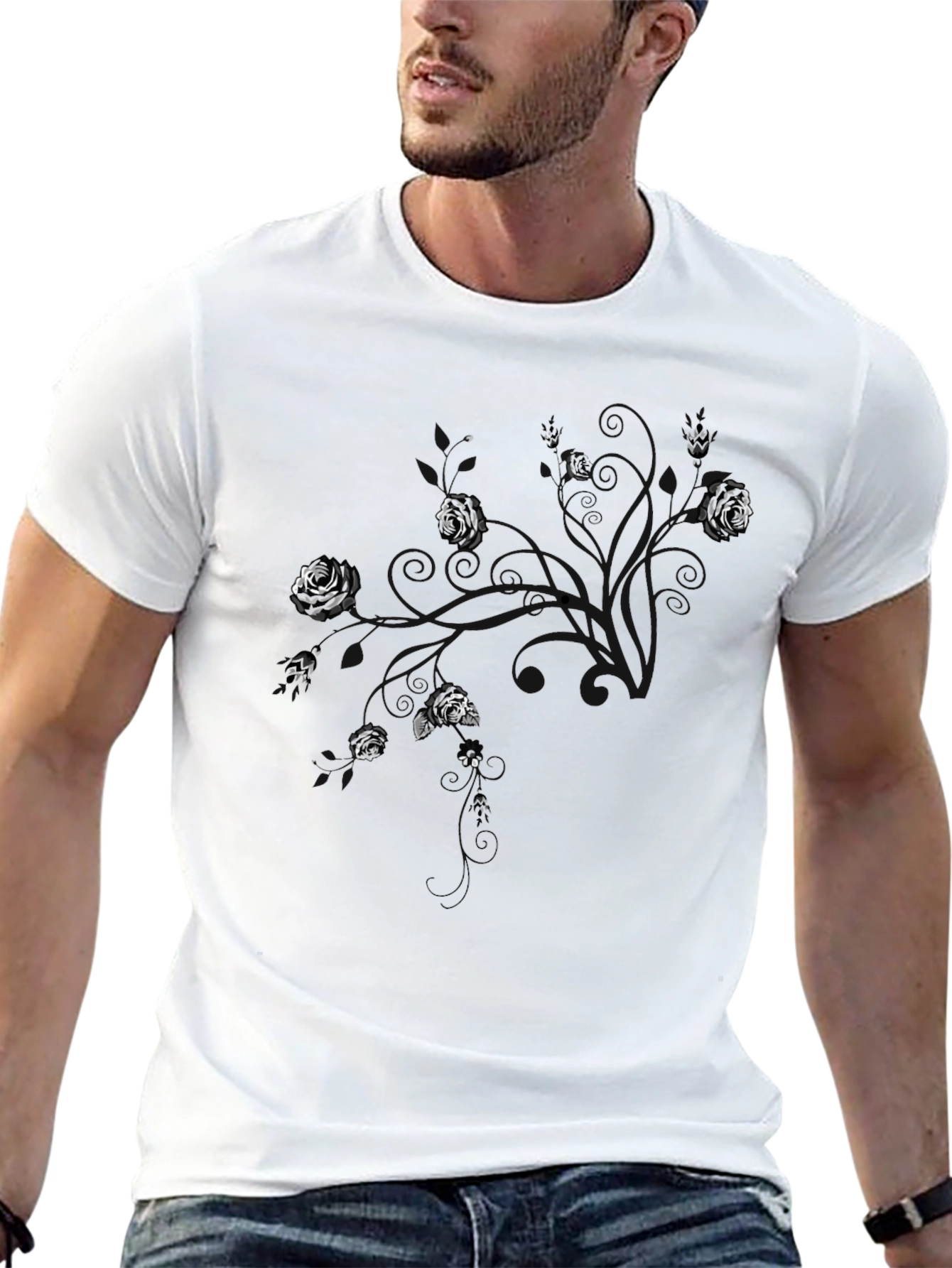 Mens Black T-Shirt with Floral Abstract Design