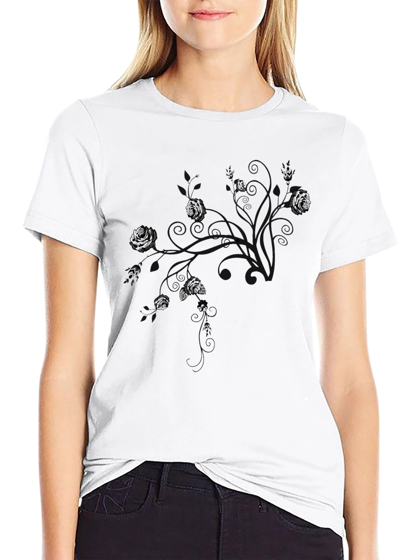 Mens Black T-Shirt with Floral Abstract Design