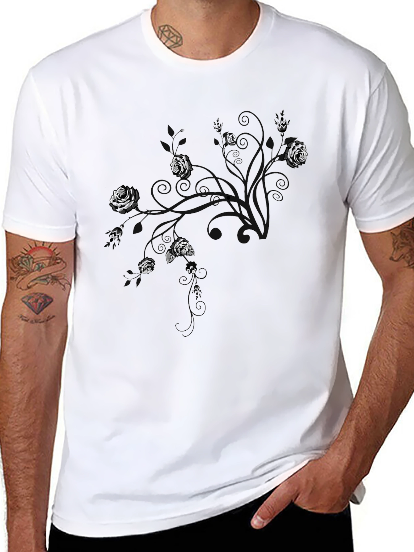 Mens Black T-Shirt with Floral Abstract Design