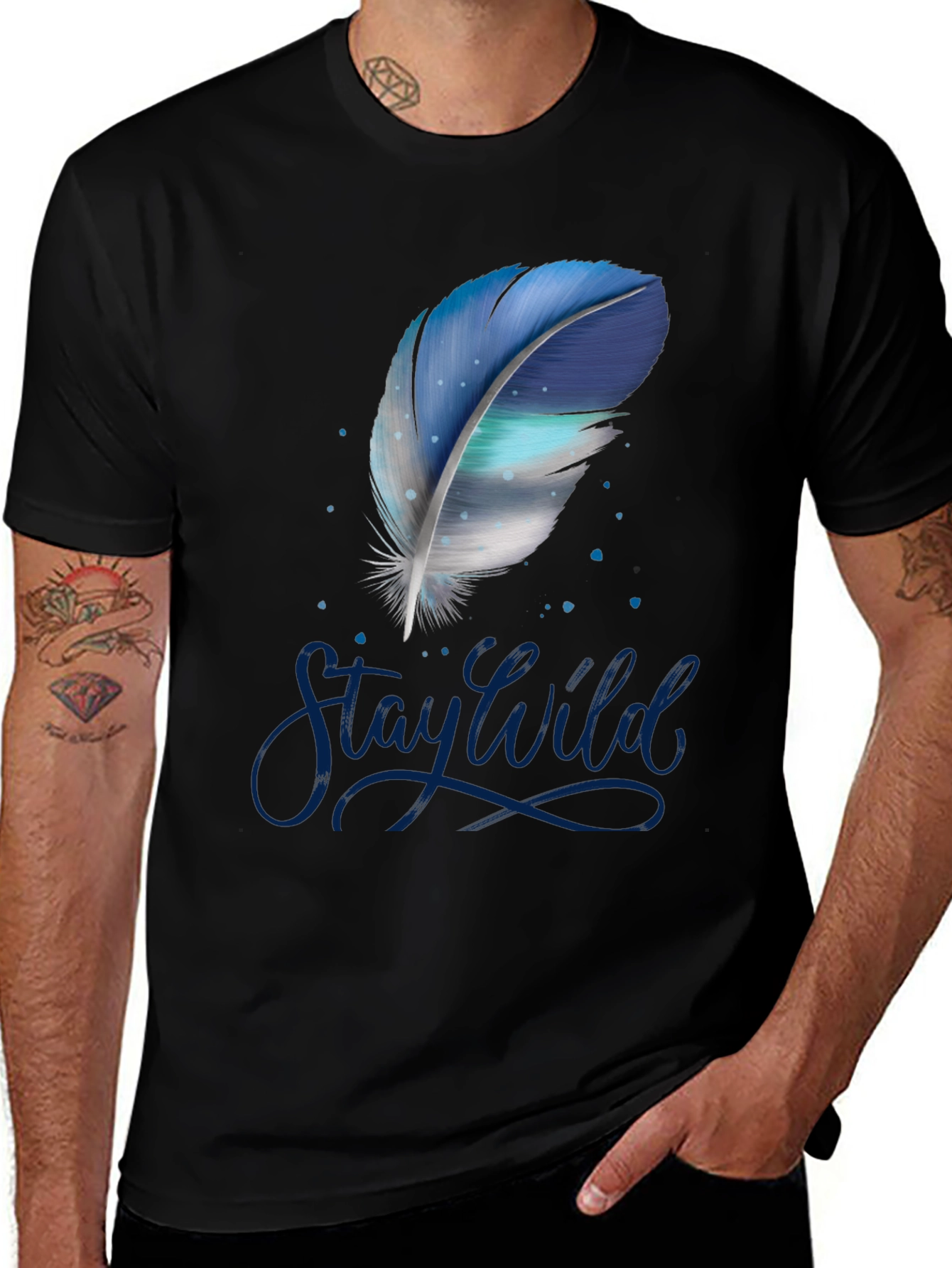 Stay Wild Feather Graphic Tee - Black Cotton T-Shirt