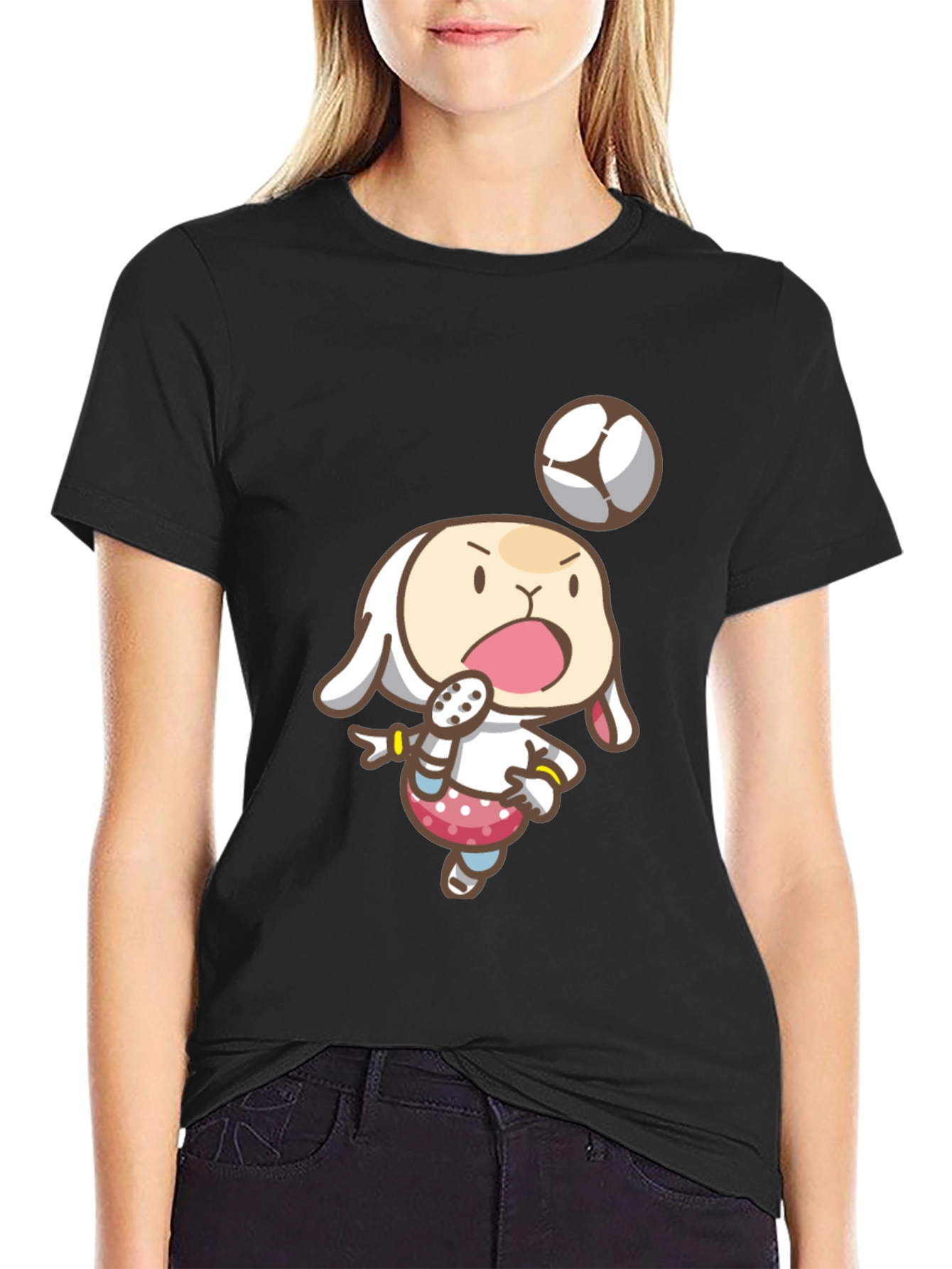 Cartoon Bunny Soccer T-Shirt - Black