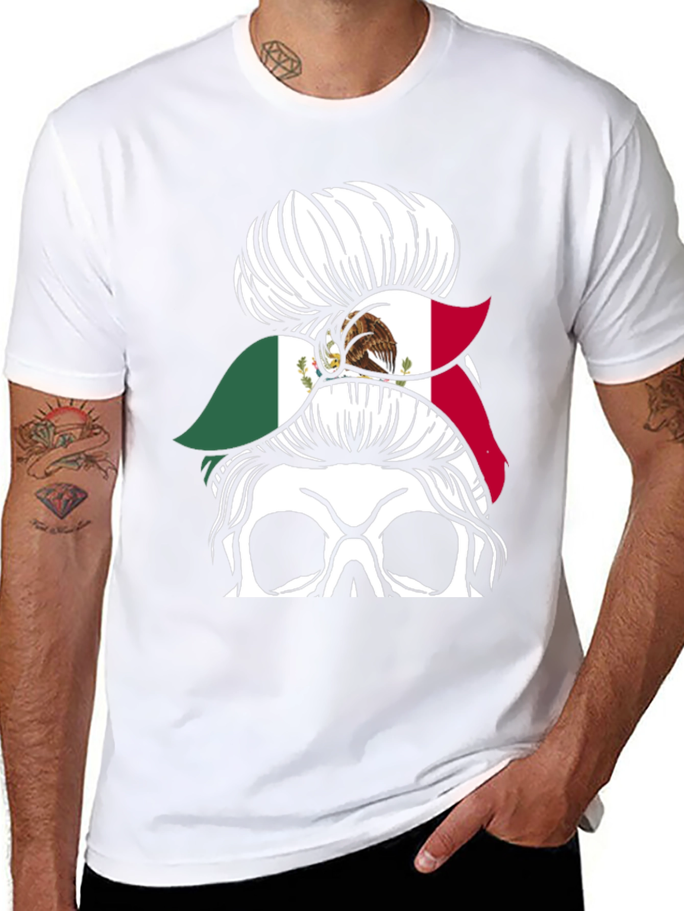 Mexican Flag Skull Messy Bun T-Shirt