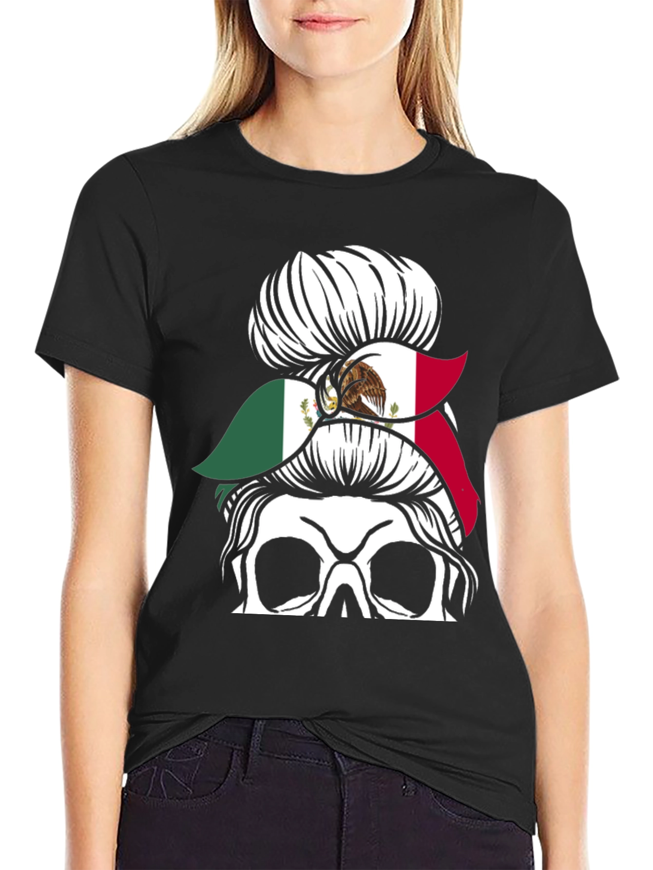 Mexican Flag Skull Messy Bun T-Shirt