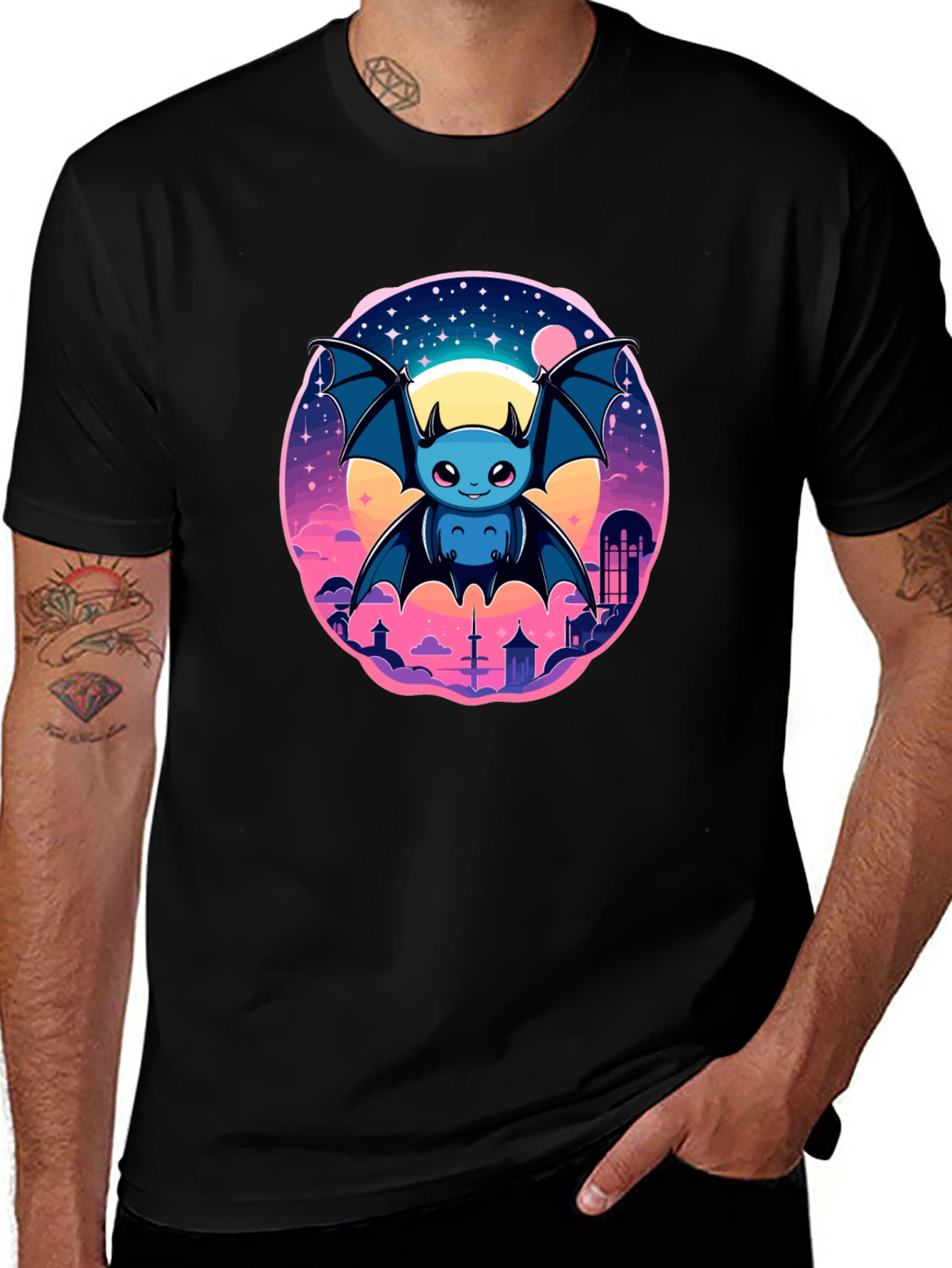 Cute Bat Graphic T-Shirt - Black