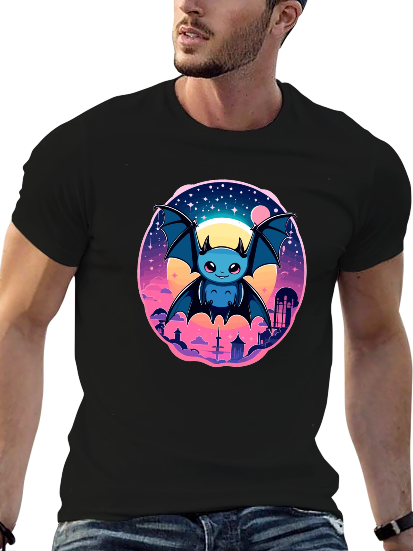 Cute Bat Graphic T-Shirt - Black