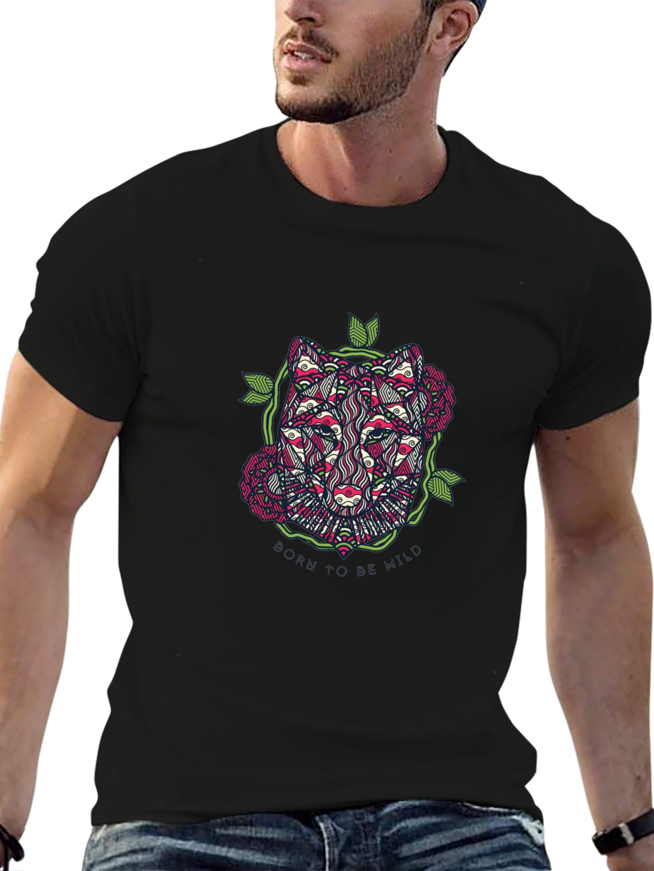 Wolf Floral Graphic Black T-Shirt