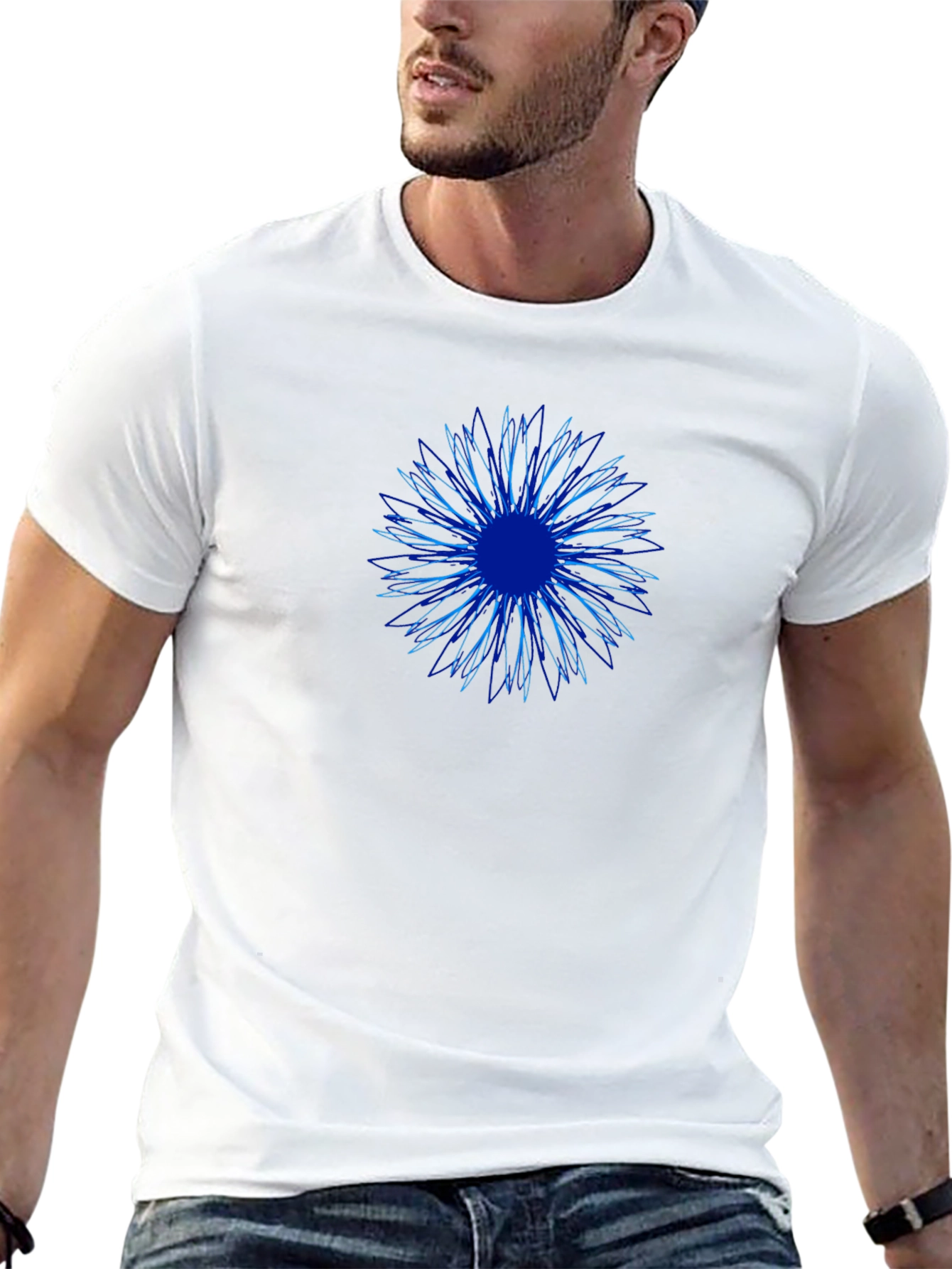 Abstract Blue Flower Graphic Print Black T-Shirt