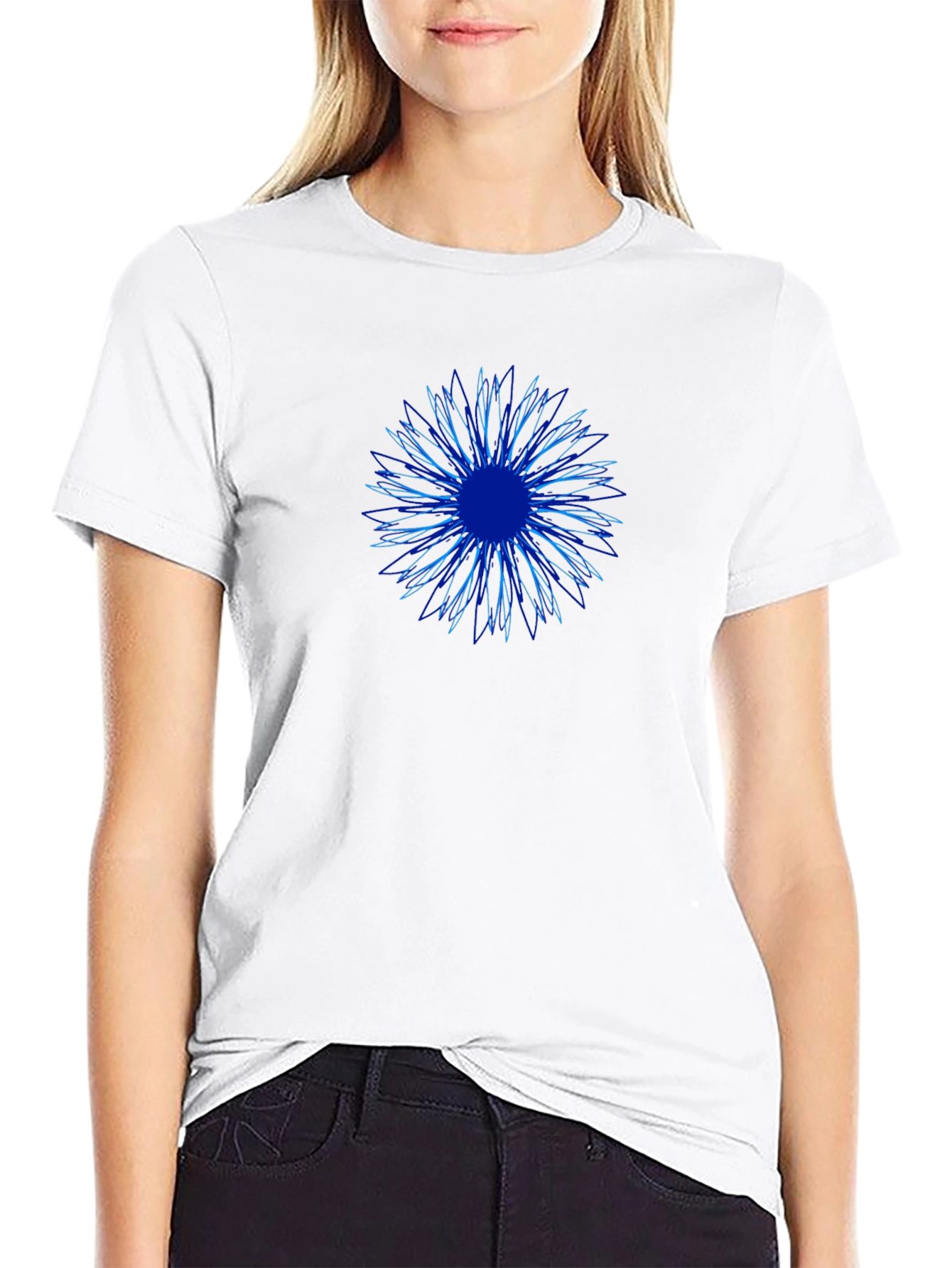 Abstract Blue Flower Graphic Print Black T-Shirt