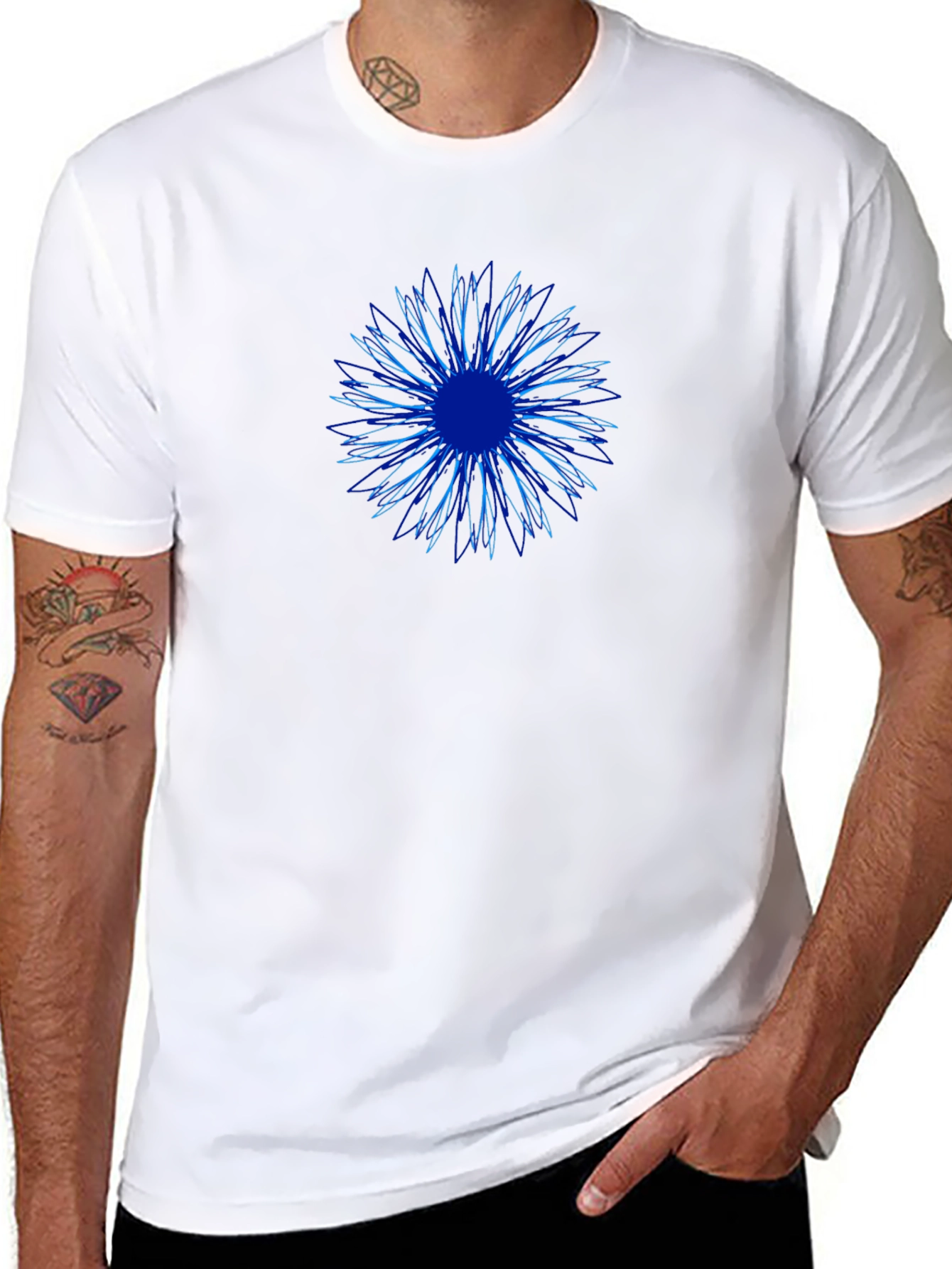 Abstract Blue Flower Graphic Print Black T-Shirt