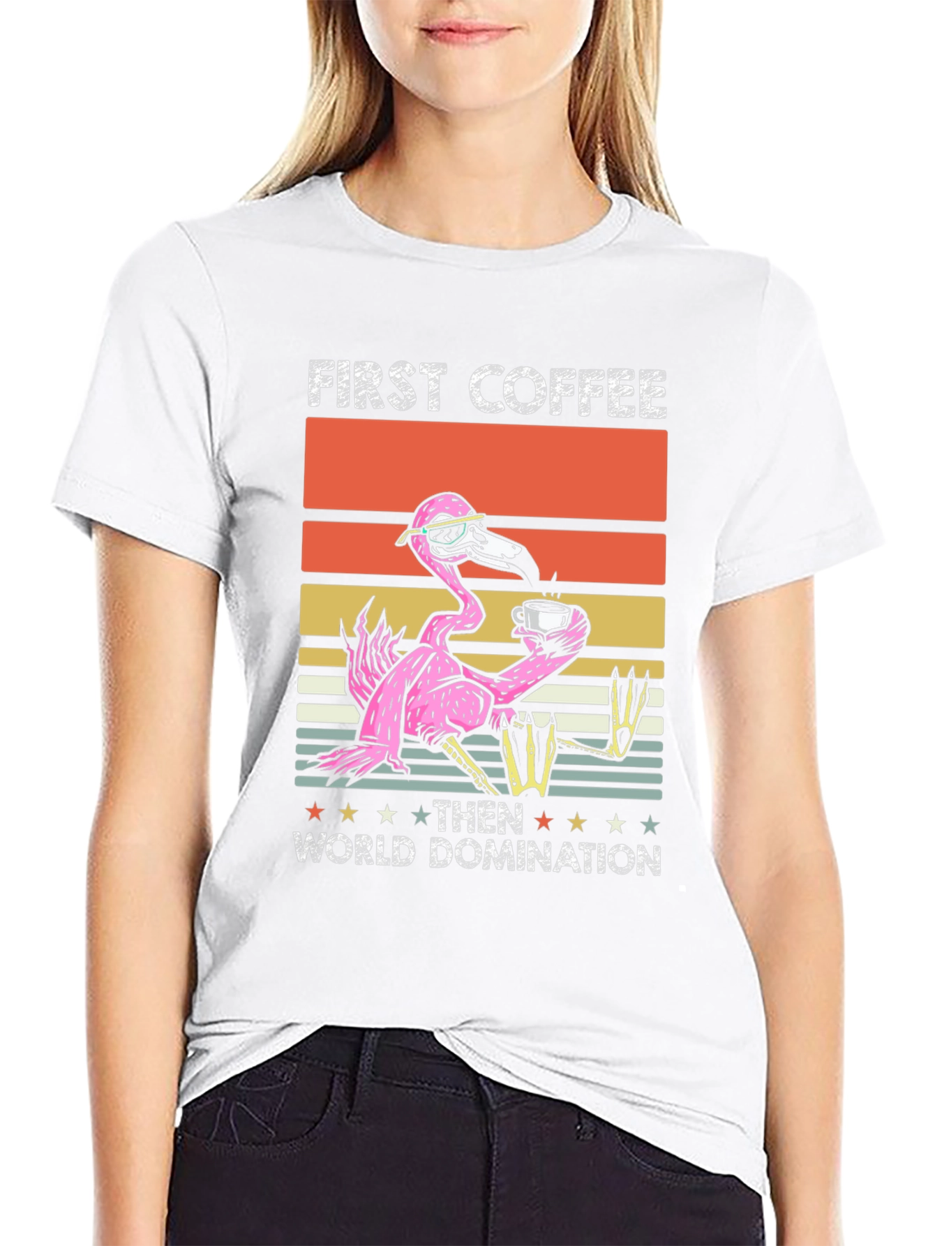 First Coffee Then World Domination Flamingo T-Shirt