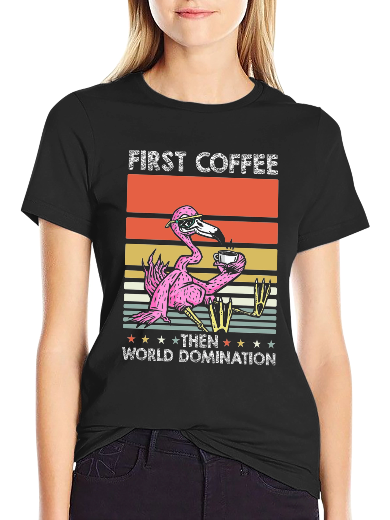 First Coffee Then World Domination Flamingo T-Shirt