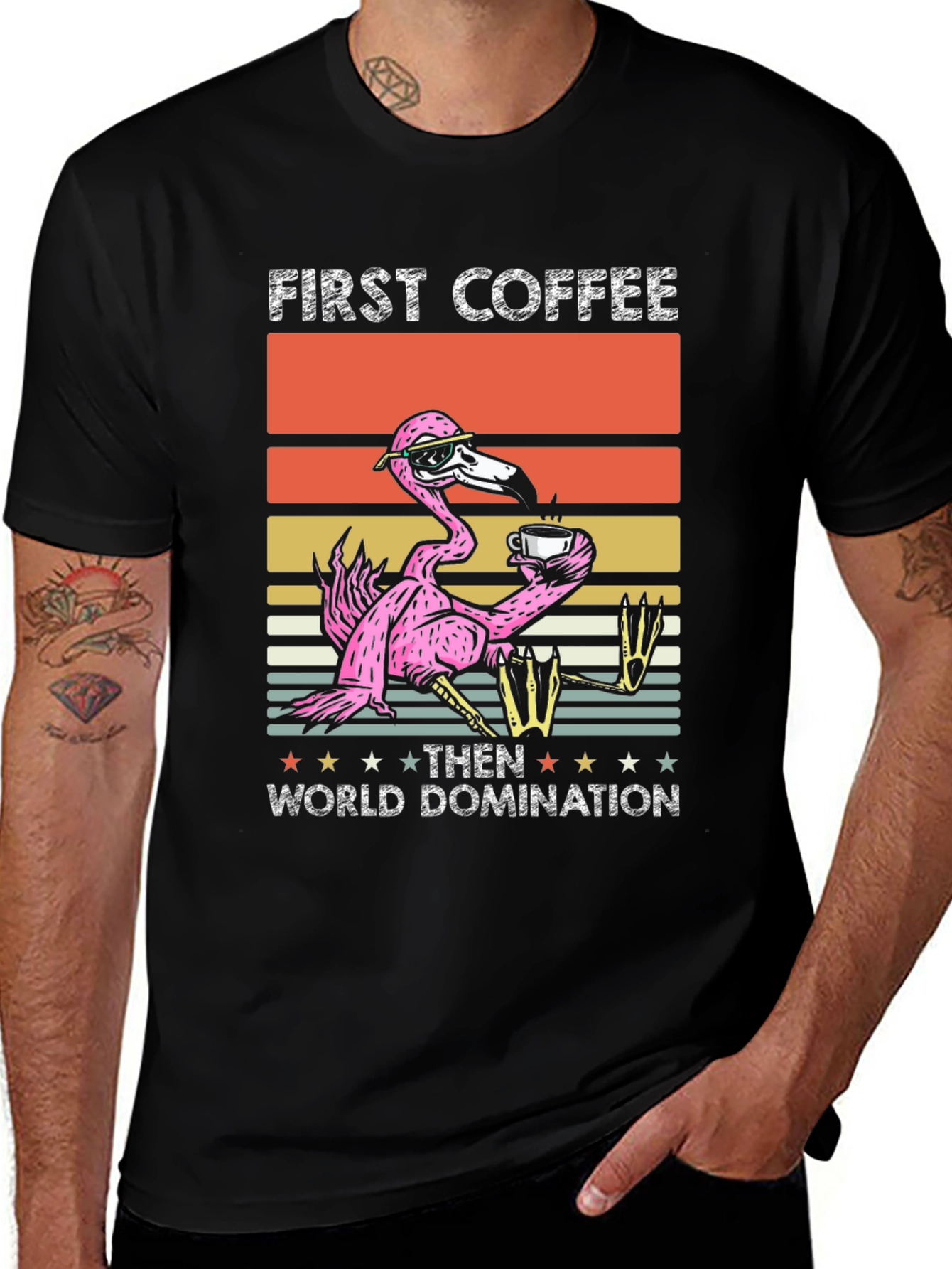 First Coffee Then World Domination Flamingo T-Shirt