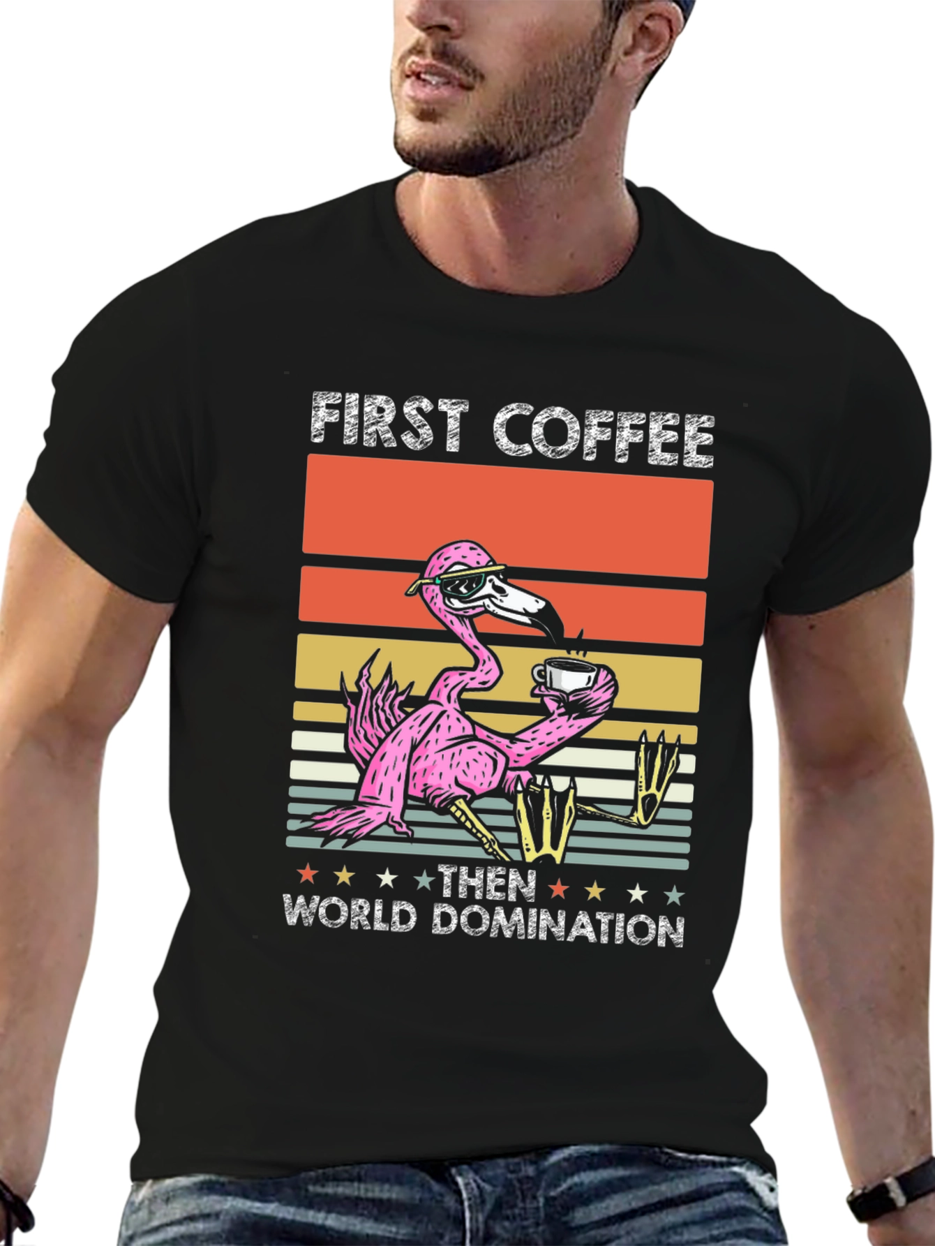 First Coffee Then World Domination Flamingo T-Shirt
