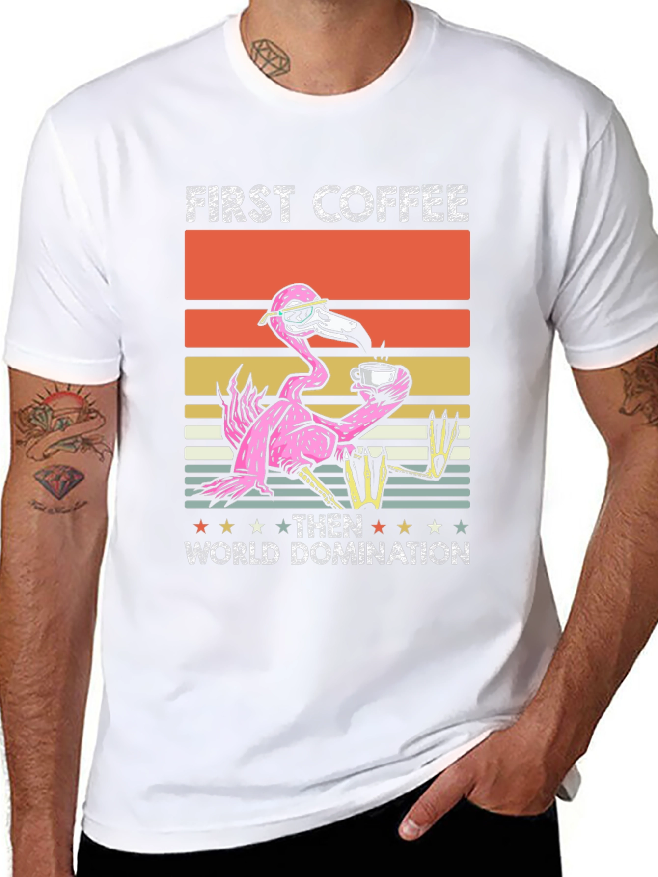First Coffee Then World Domination Flamingo T-Shirt