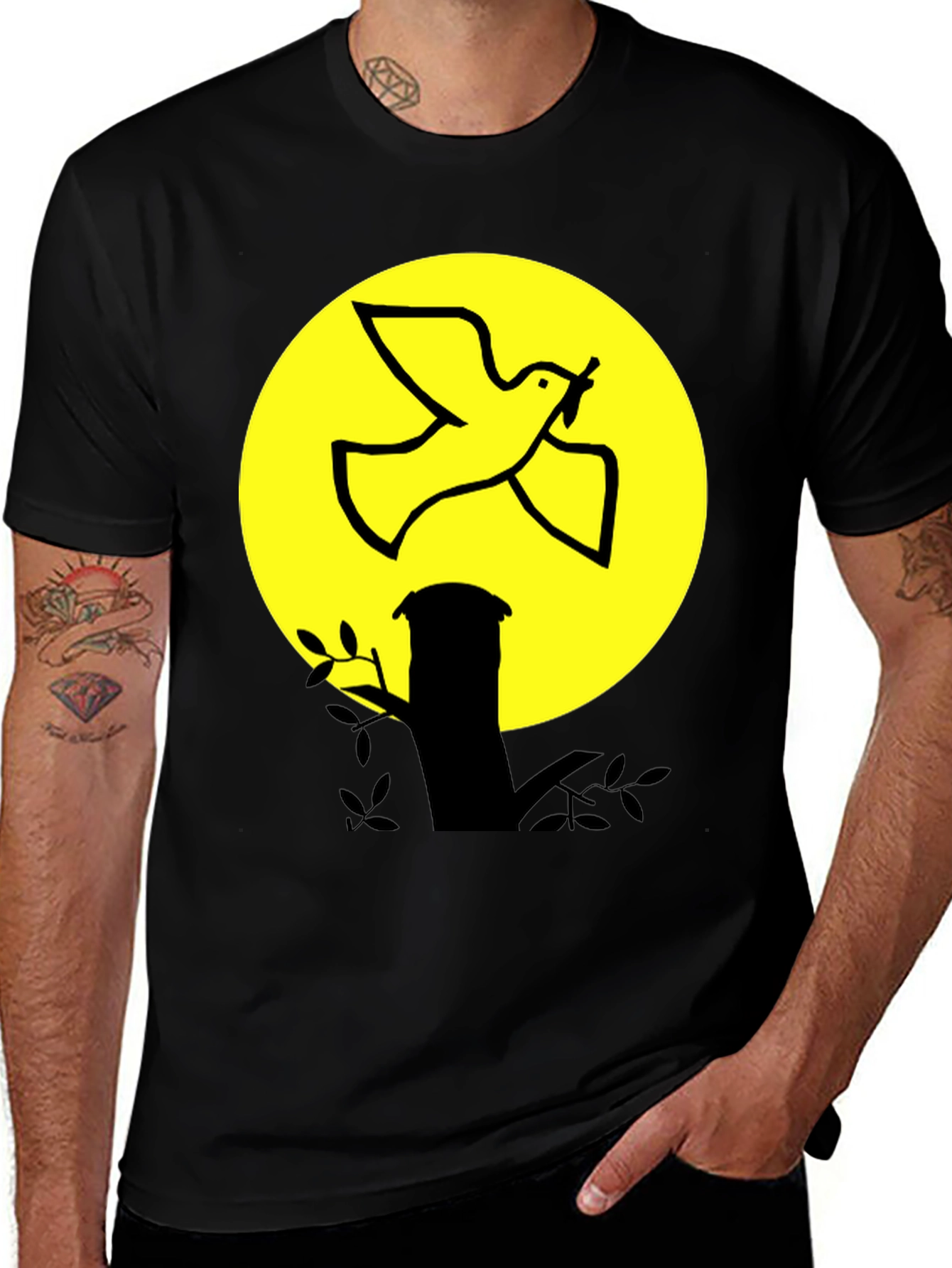 Dove and Moon Graphic Print Black T-Shirt