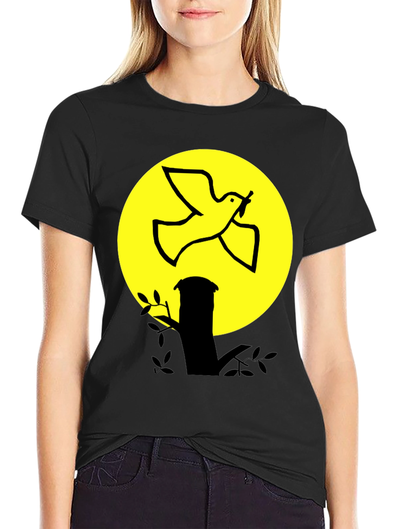 Dove and Moon Graphic Print Black T-Shirt
