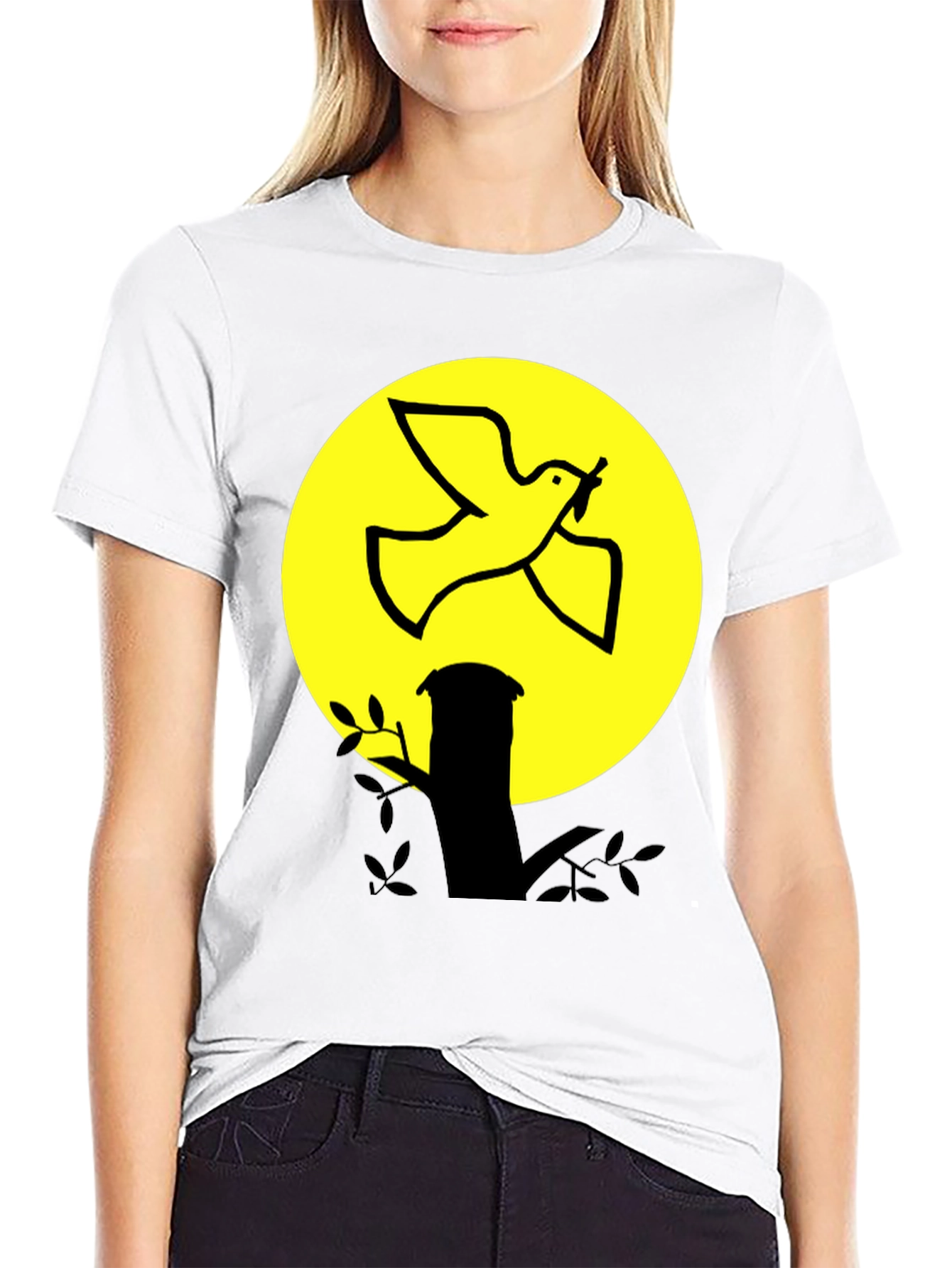 Dove and Moon Graphic Print Black T-Shirt