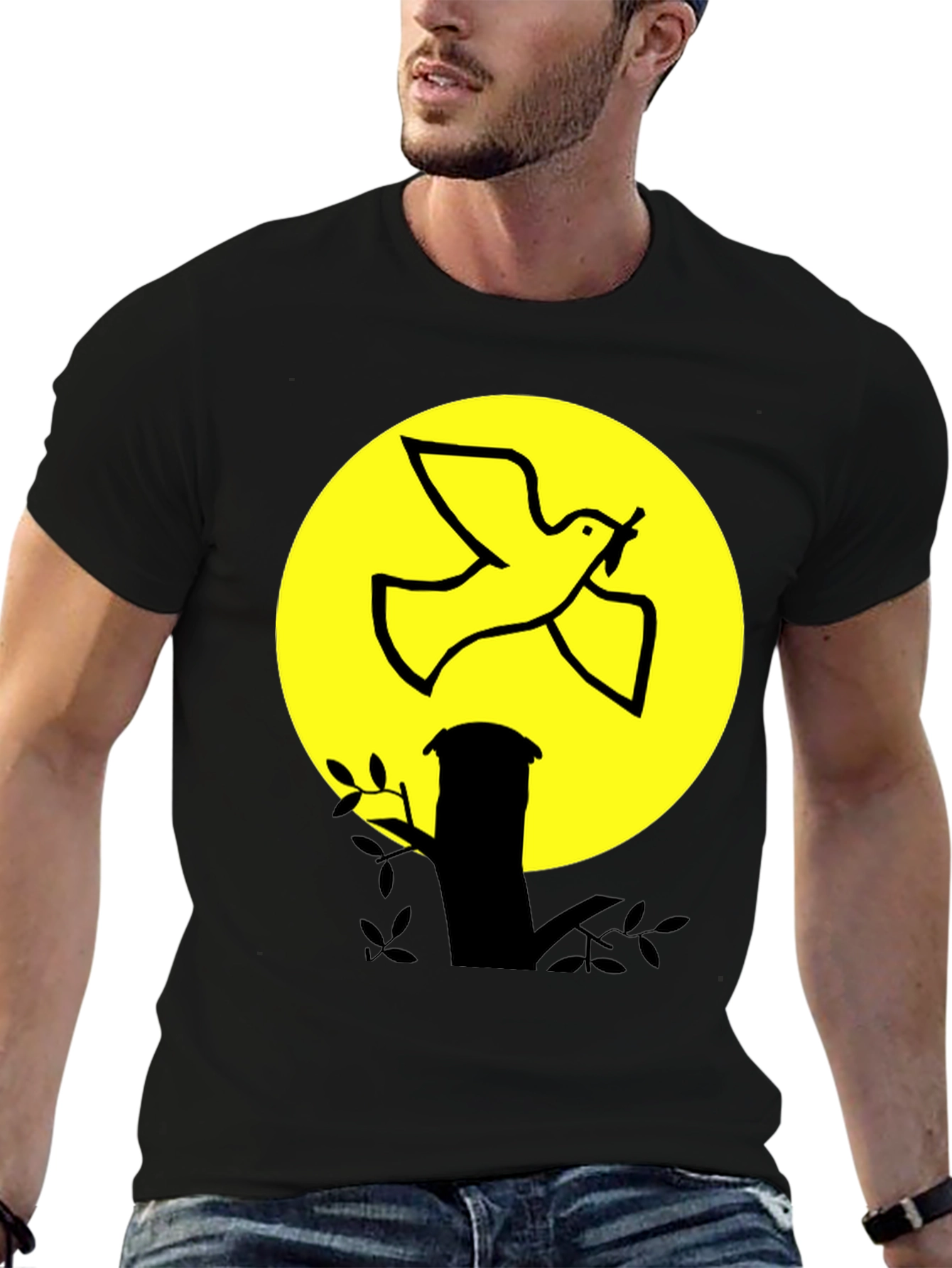 Dove and Moon Graphic Print Black T-Shirt