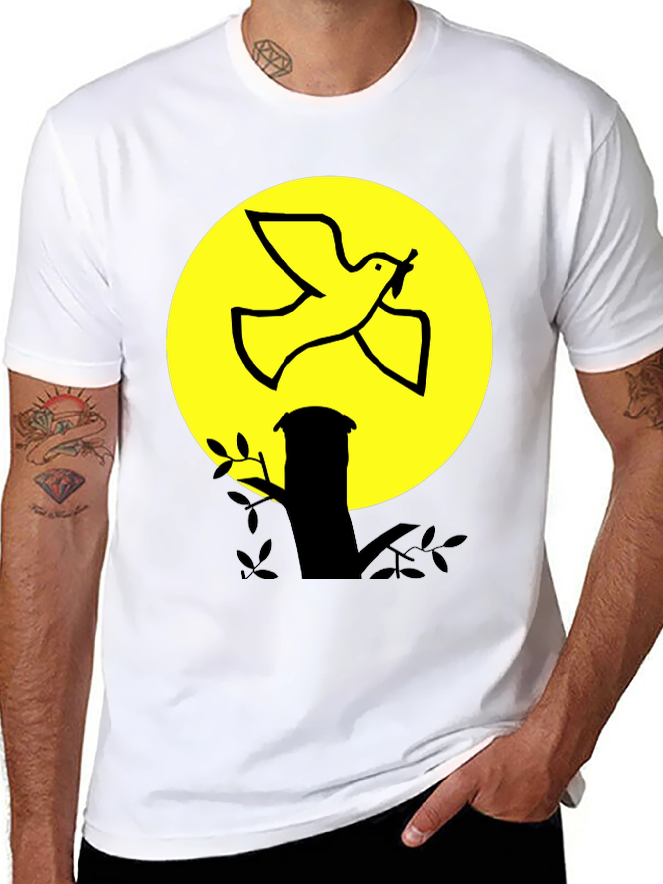 Dove and Moon Graphic Print Black T-Shirt