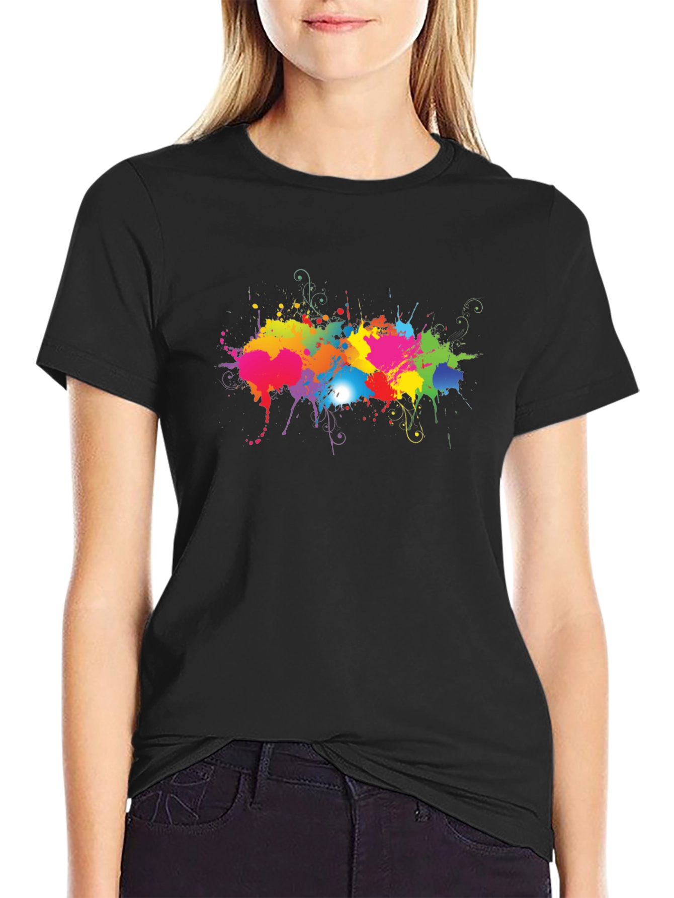 Vibrant Splatter Print Black T-Shirt