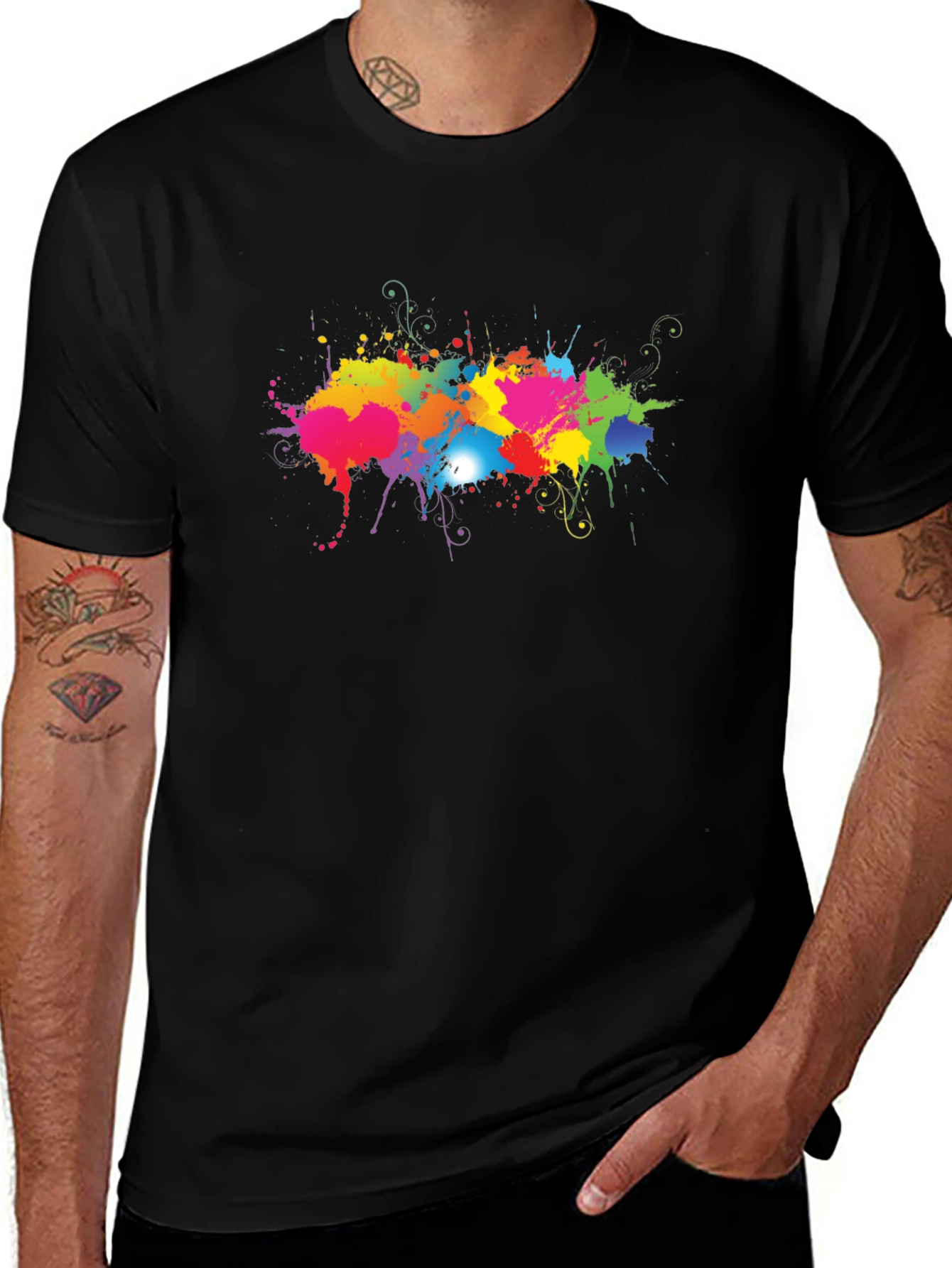 Vibrant Splatter Print Black T-Shirt
