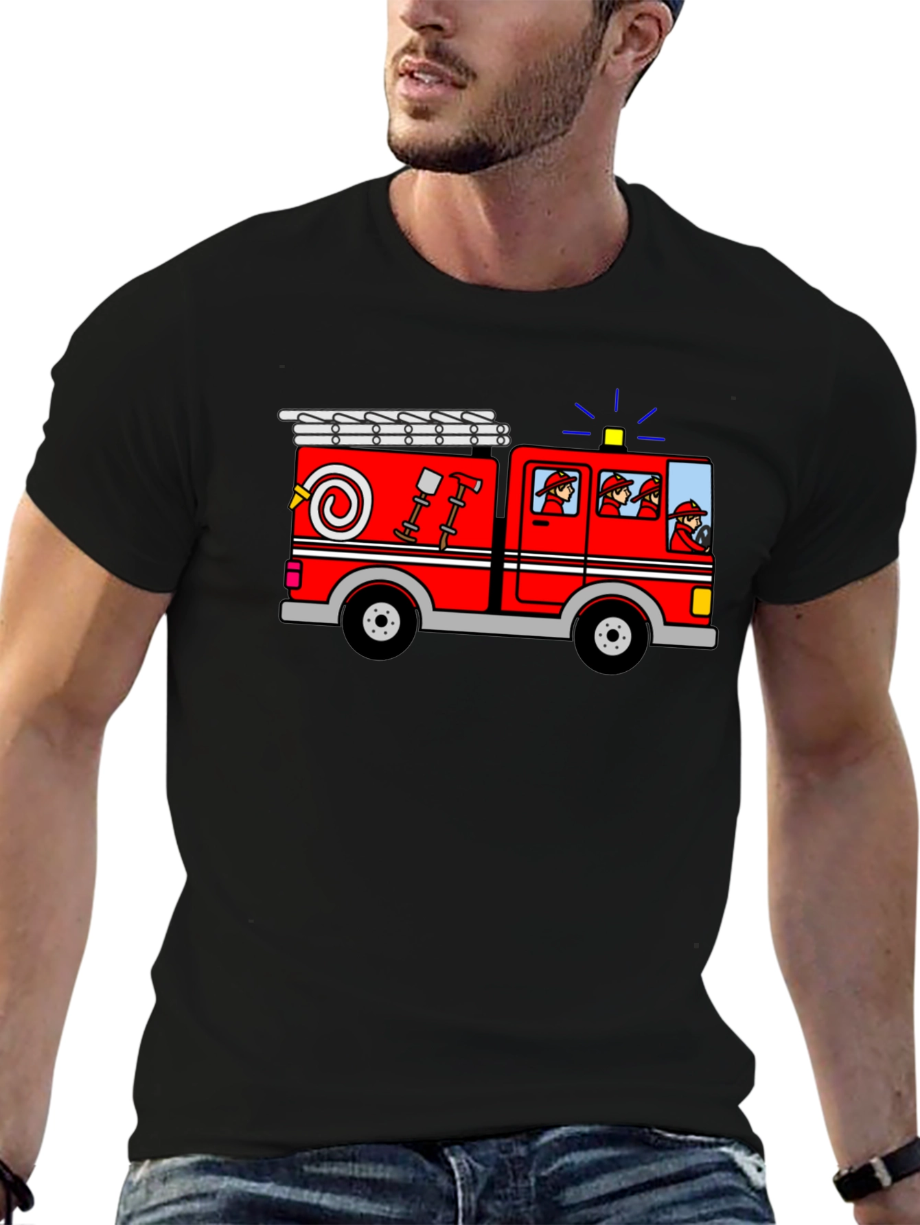 Cartoon Firetruck Graphic Tee - Black Cotton T-Shirt
