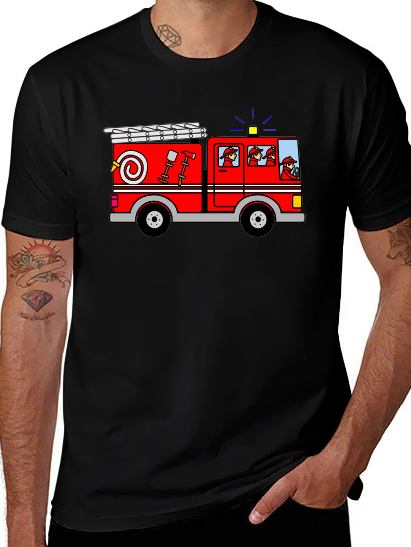 Cartoon Firetruck Graphic Tee - Black Cotton T-Shirt