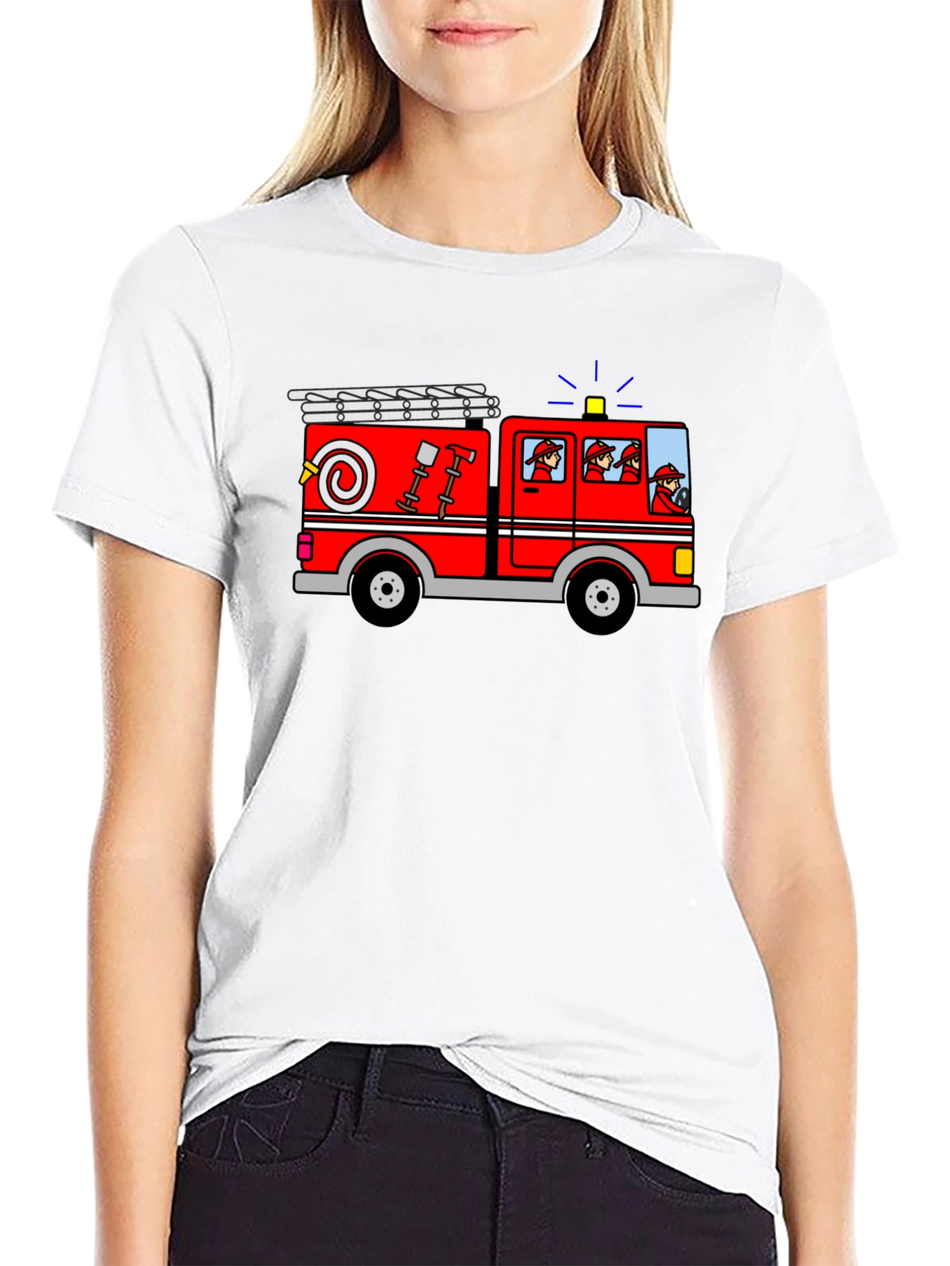 Cartoon Firetruck Graphic Tee - Black Cotton T-Shirt