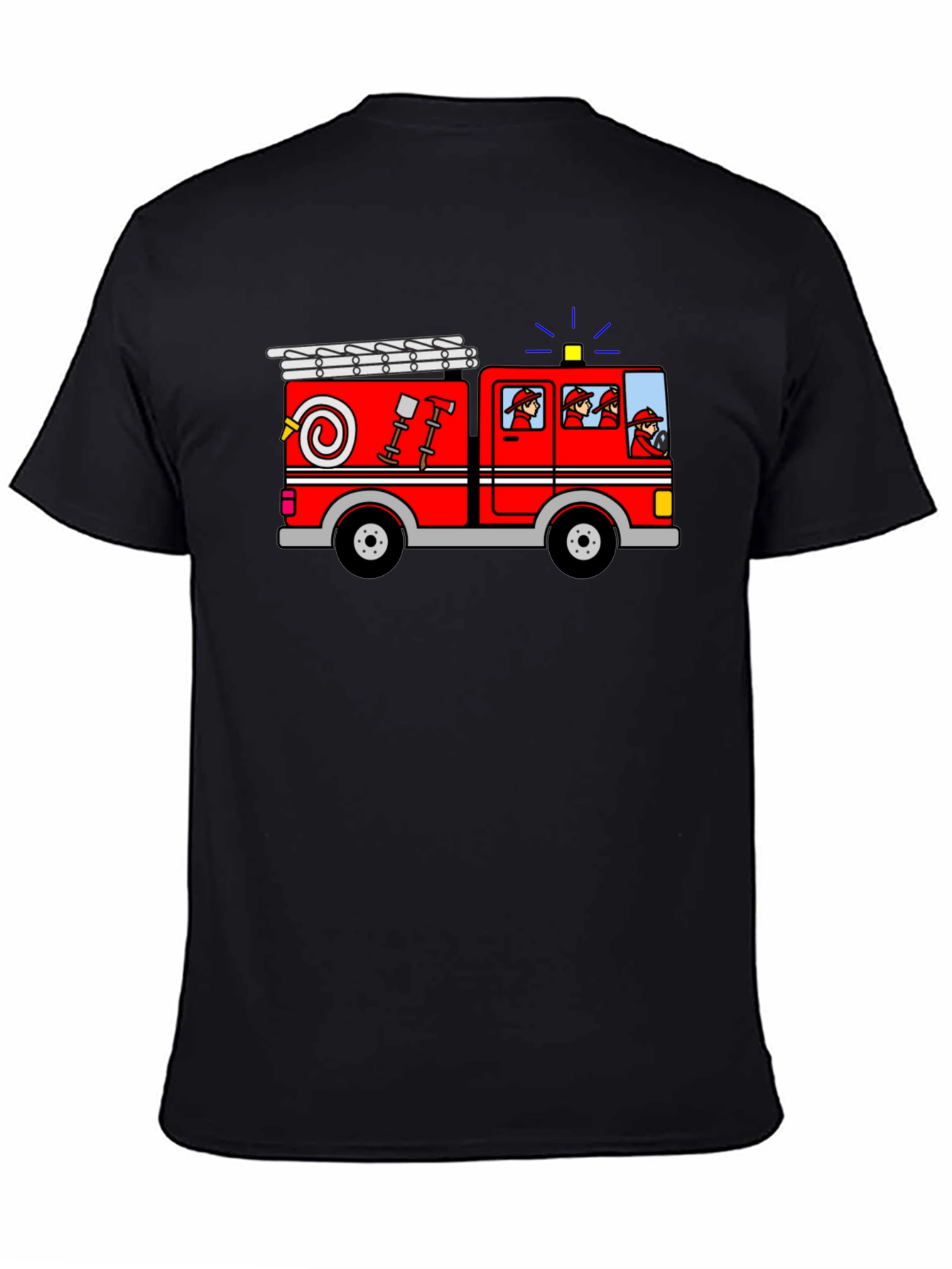 Cartoon Firetruck Graphic Tee - Black Cotton T-Shirt