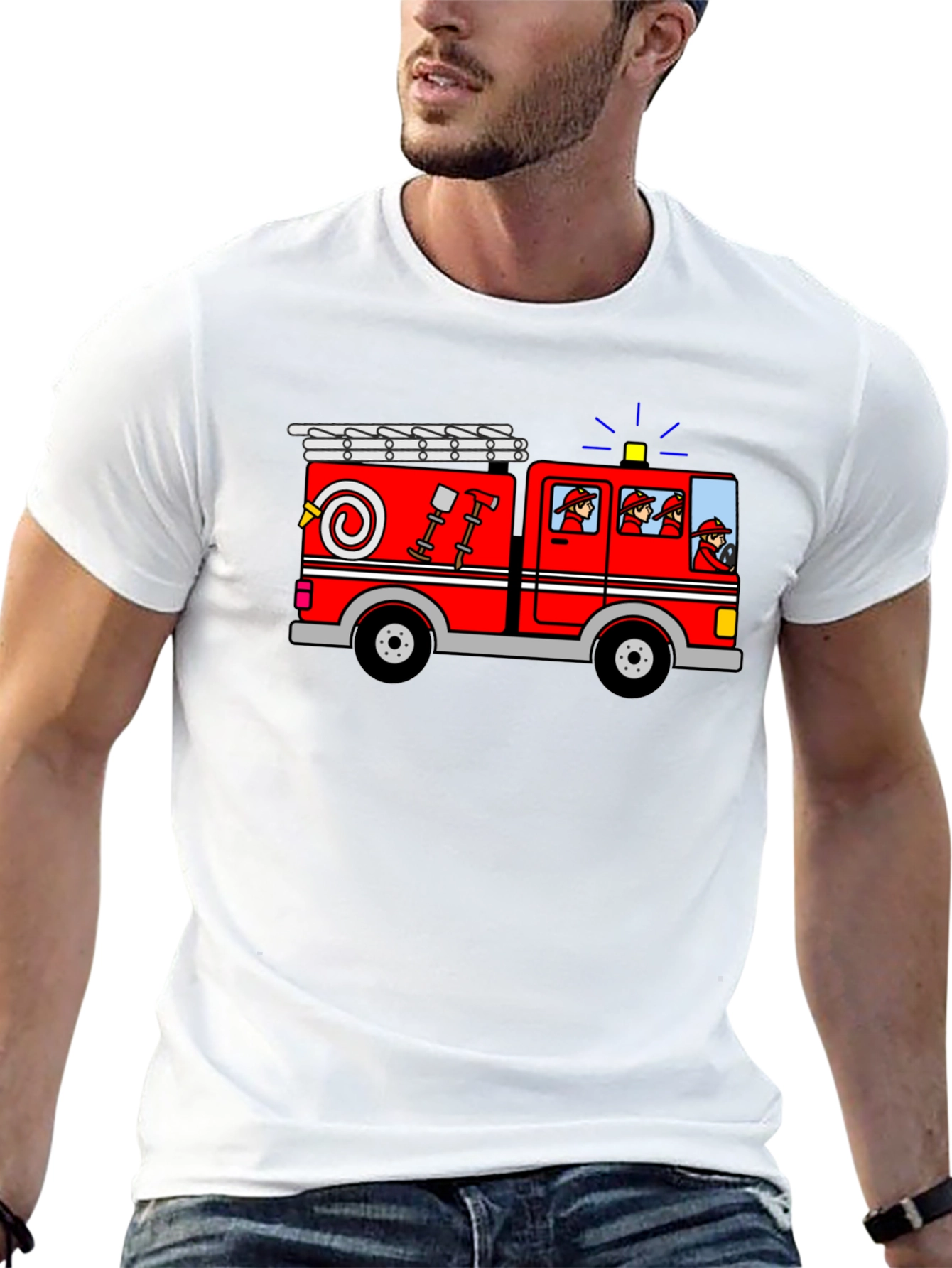 Cartoon Firetruck Graphic Tee - Black Cotton T-Shirt