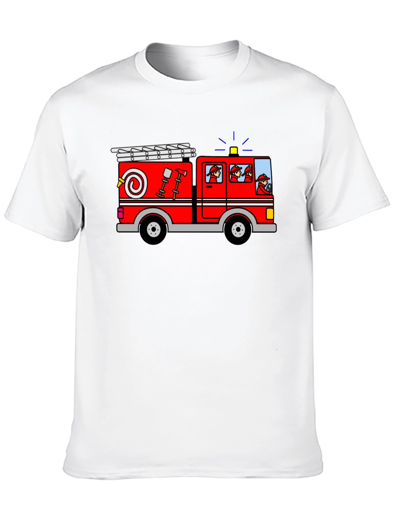 Cartoon Firetruck Graphic Tee - Black Cotton T-Shirt