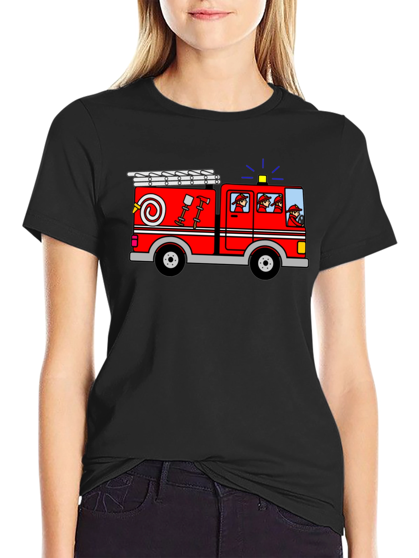 Cartoon Firetruck Graphic Tee - Black Cotton T-Shirt