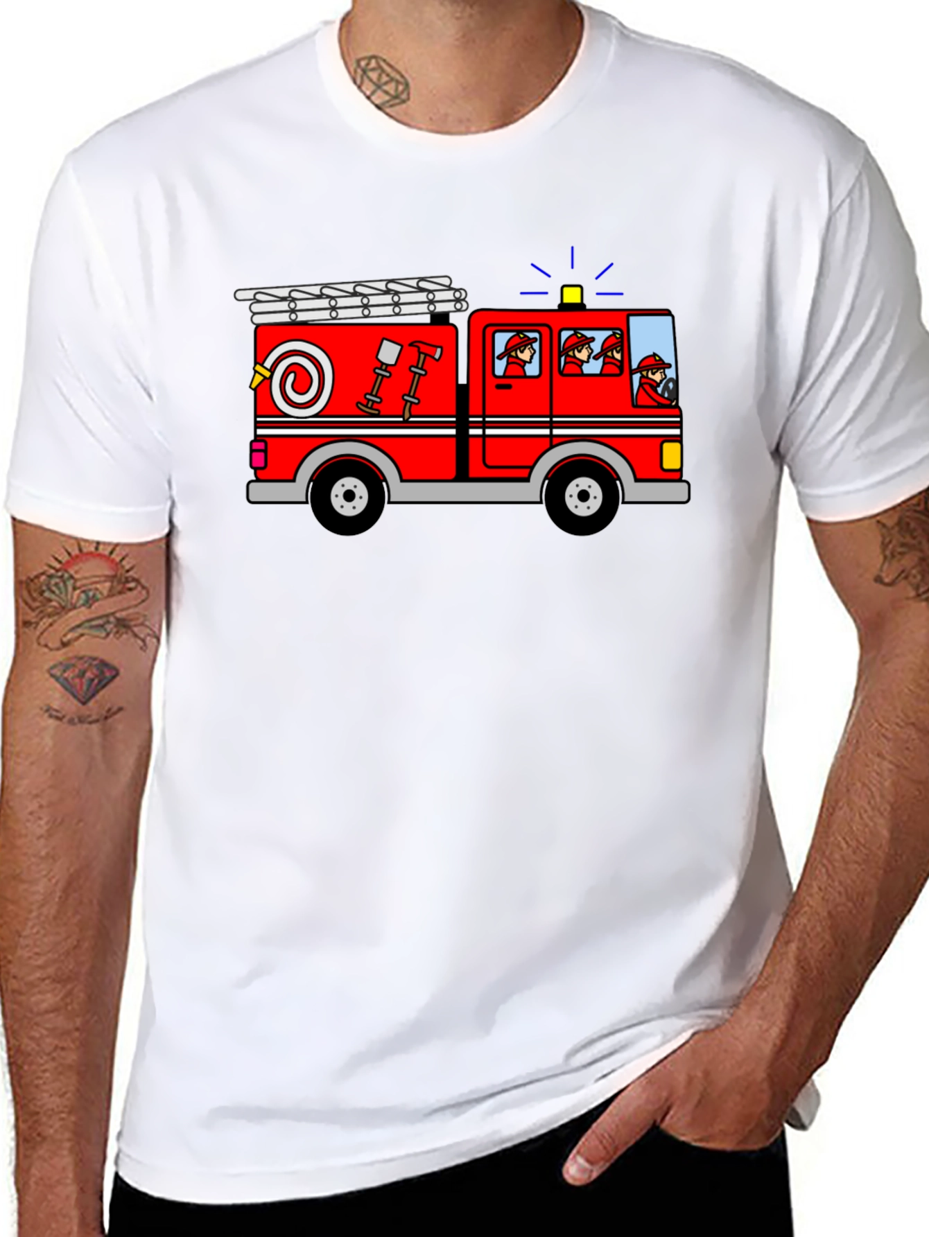 Cartoon Firetruck Graphic Tee - Black Cotton T-Shirt