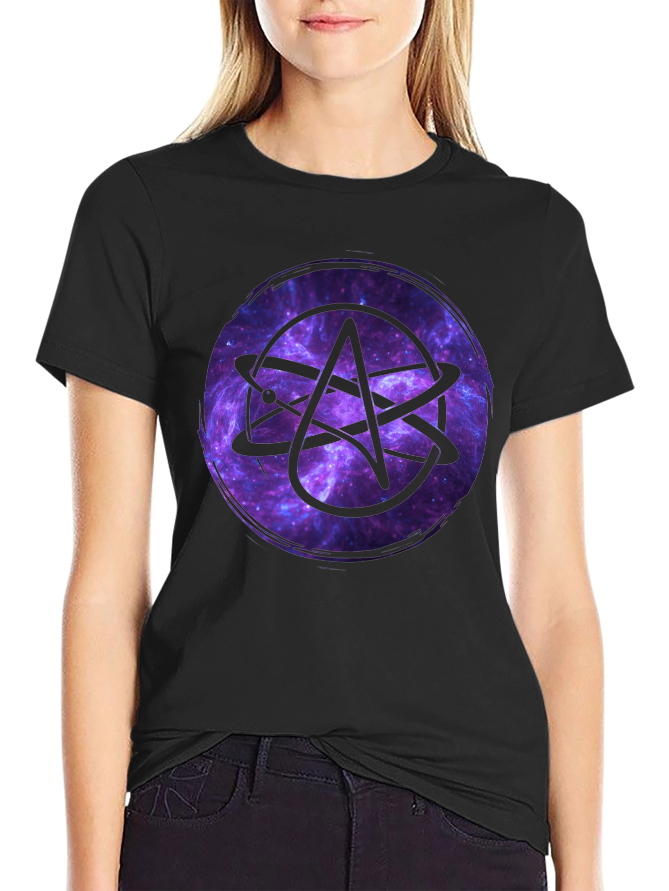 Atheist Atom Symbol Galaxy Graphic Black T-Shirt
