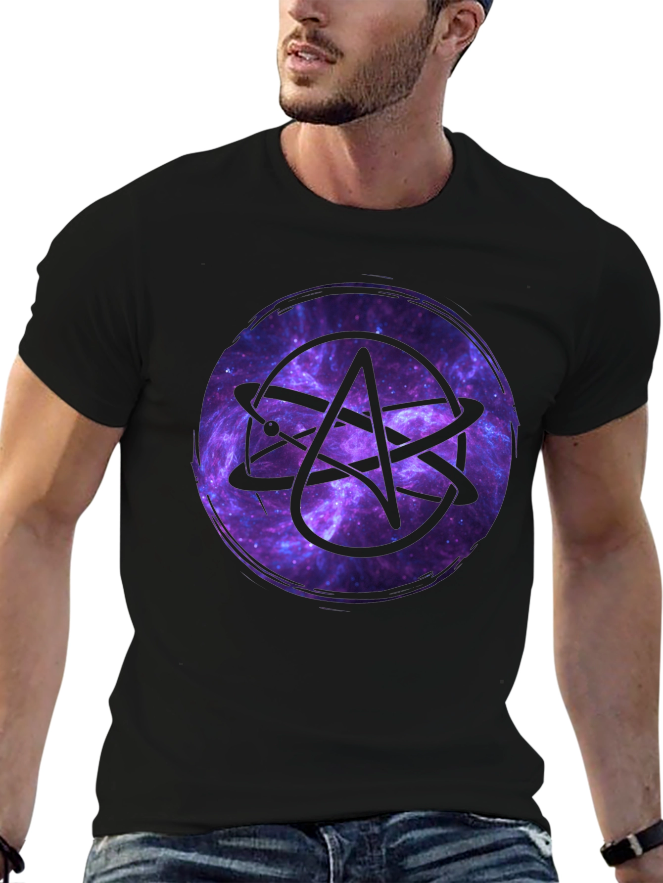 Atheist Atom Symbol Galaxy Graphic Black T-Shirt