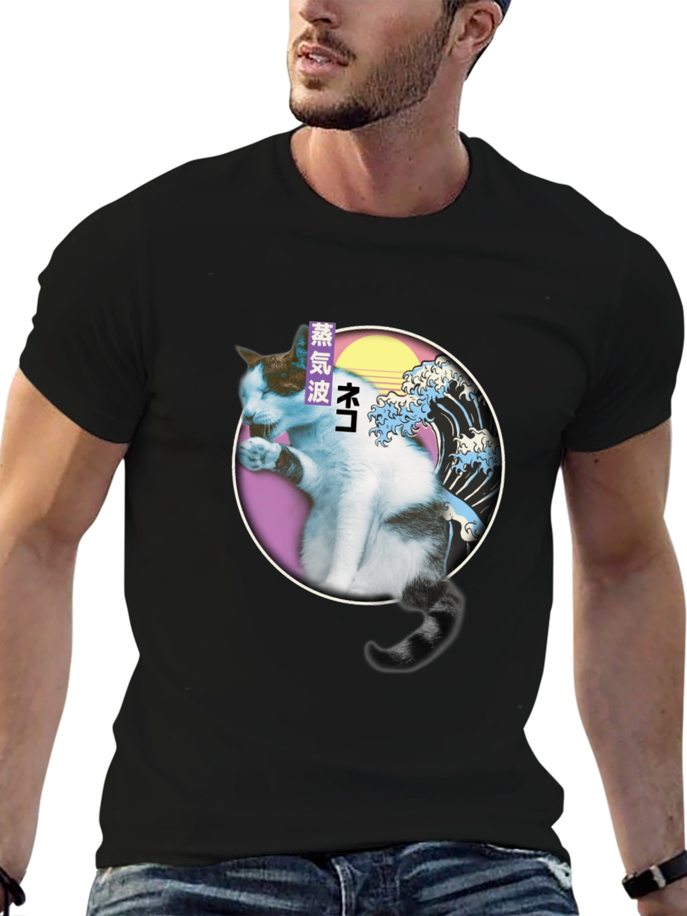 Vaporwave Cat T-Shirt - Great Wave Parody