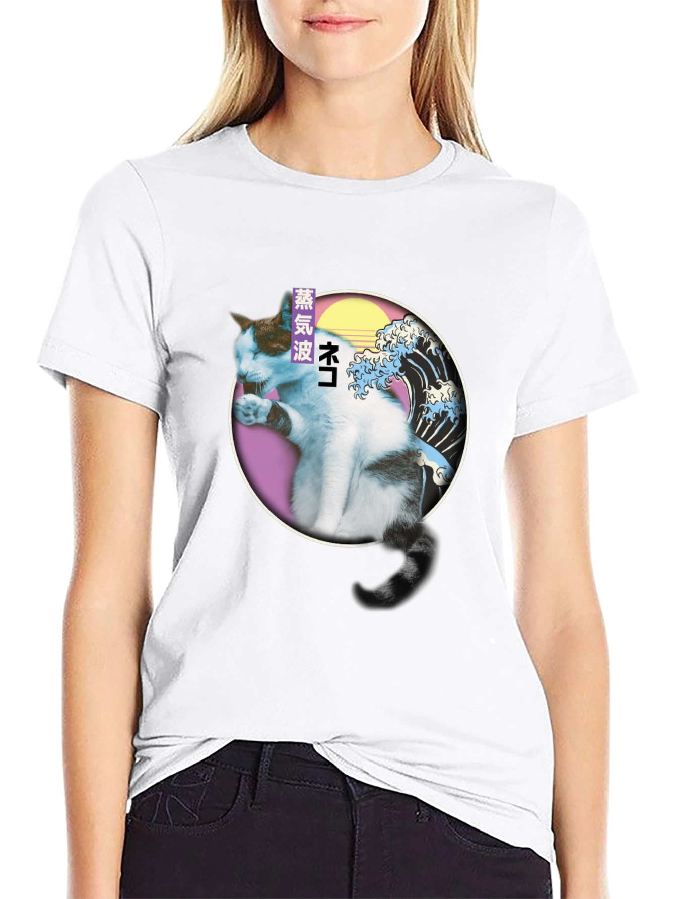 Vaporwave Cat T-Shirt - Great Wave Parody