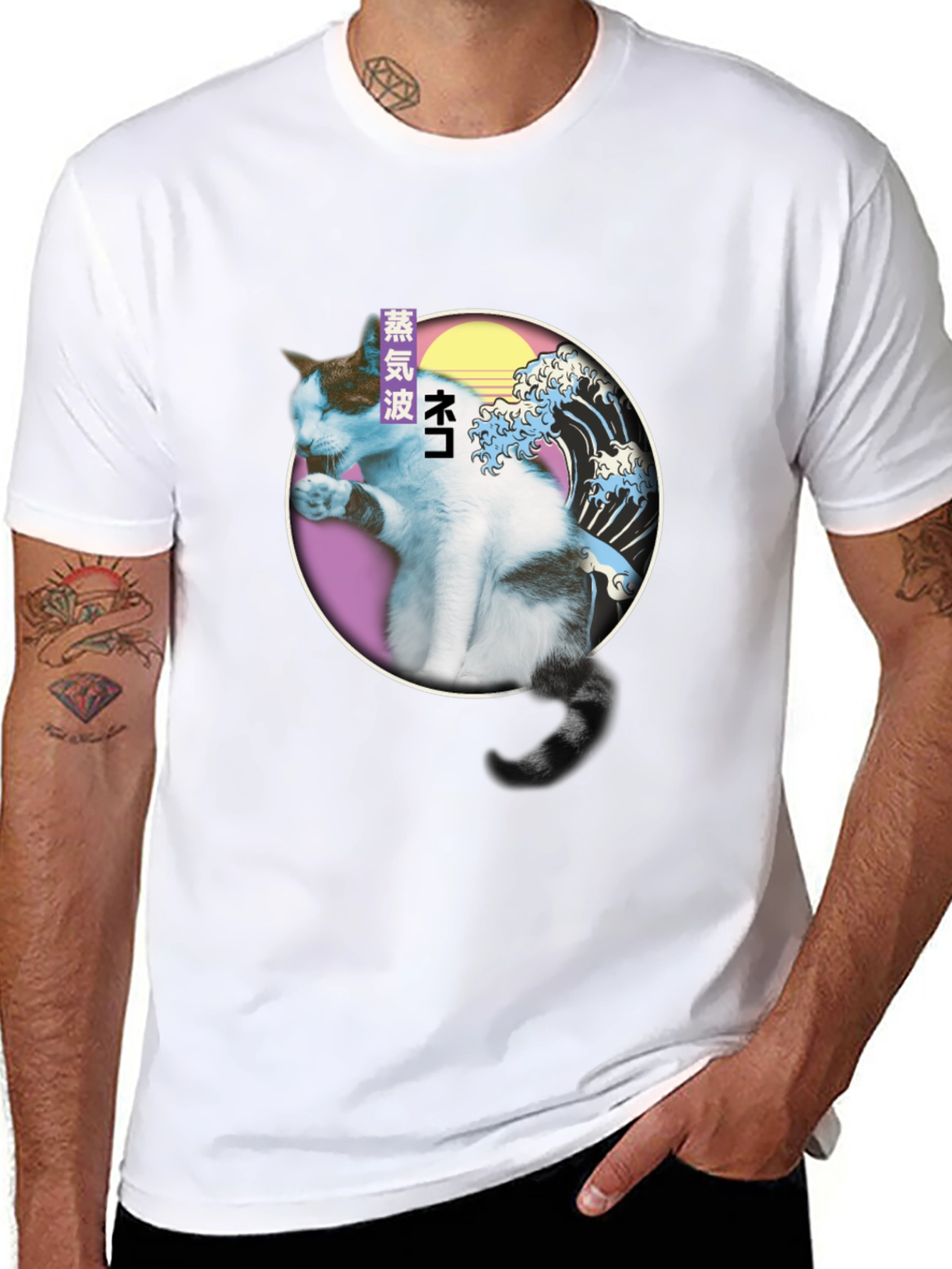 Vaporwave Cat T-Shirt - Great Wave Parody