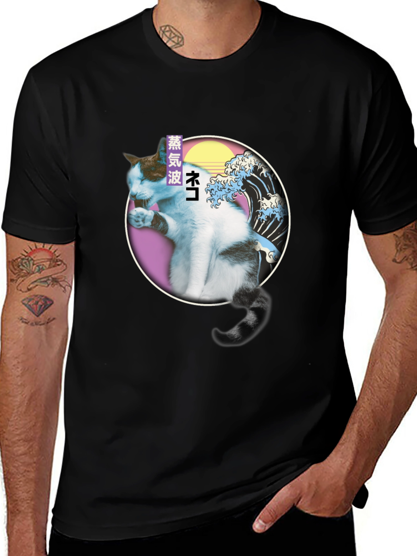 Vaporwave Cat T-Shirt - Great Wave Parody