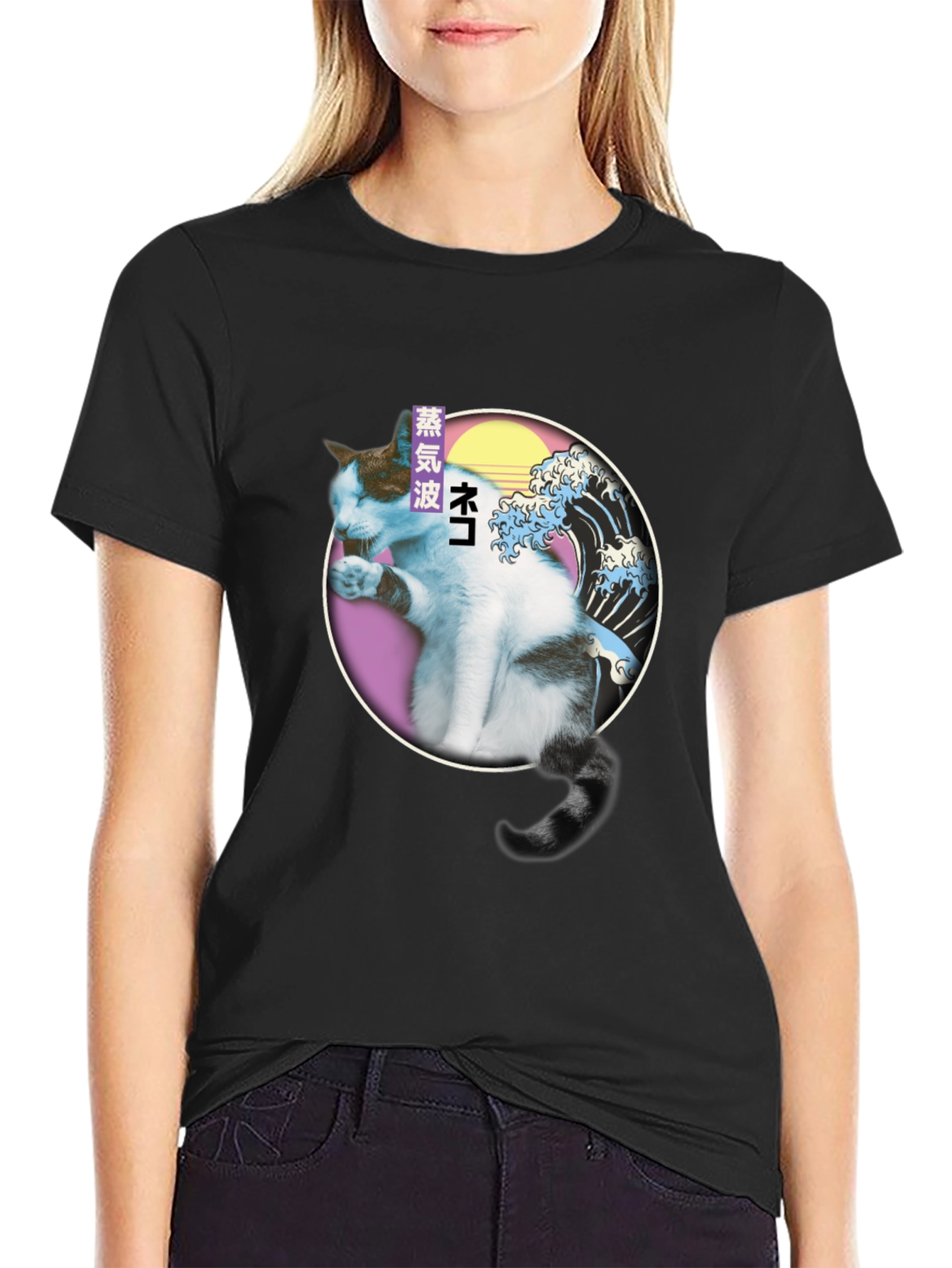 Vaporwave Cat T-Shirt - Great Wave Parody