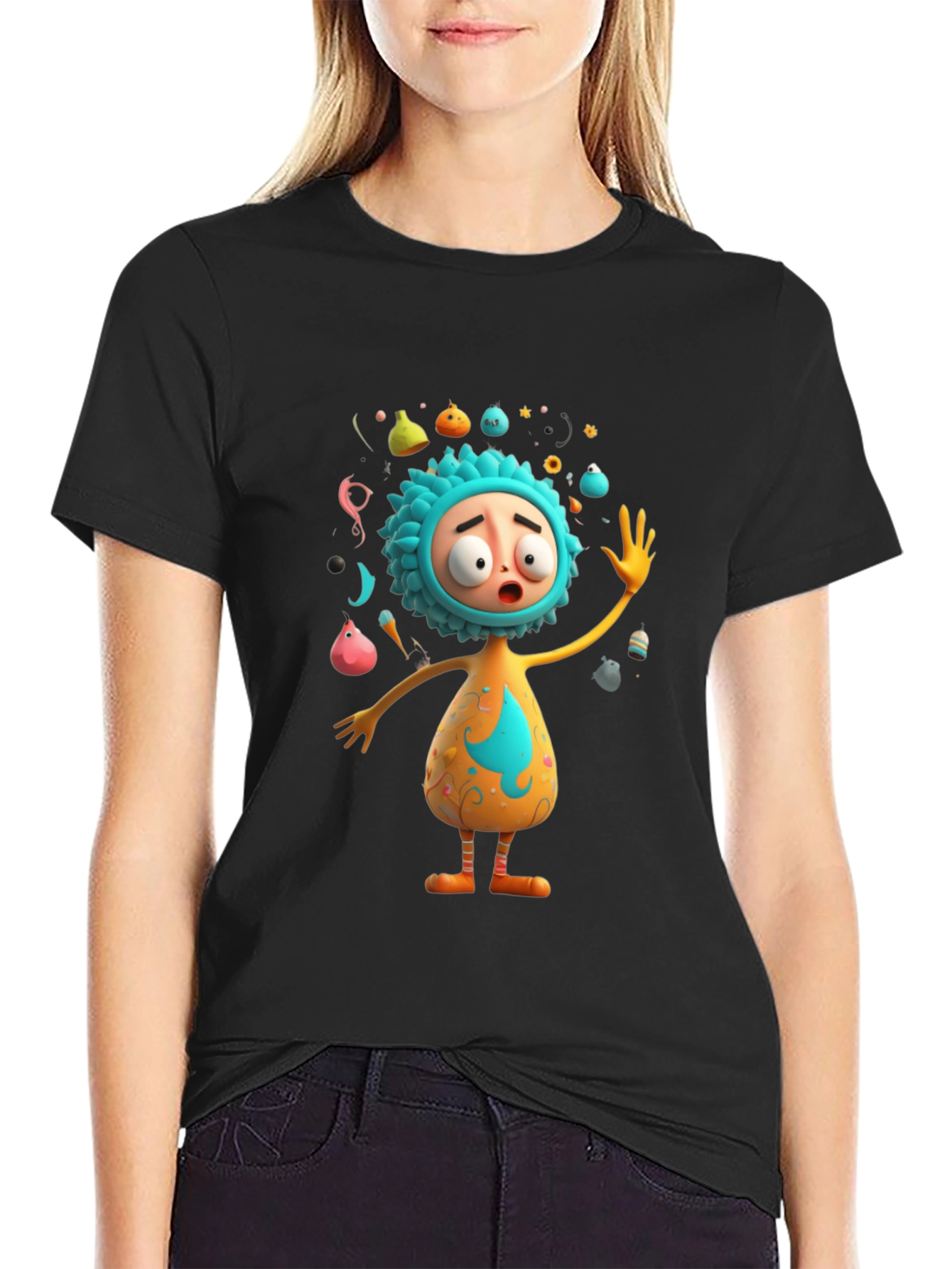 Cartoon Character Print Black T-Shirt