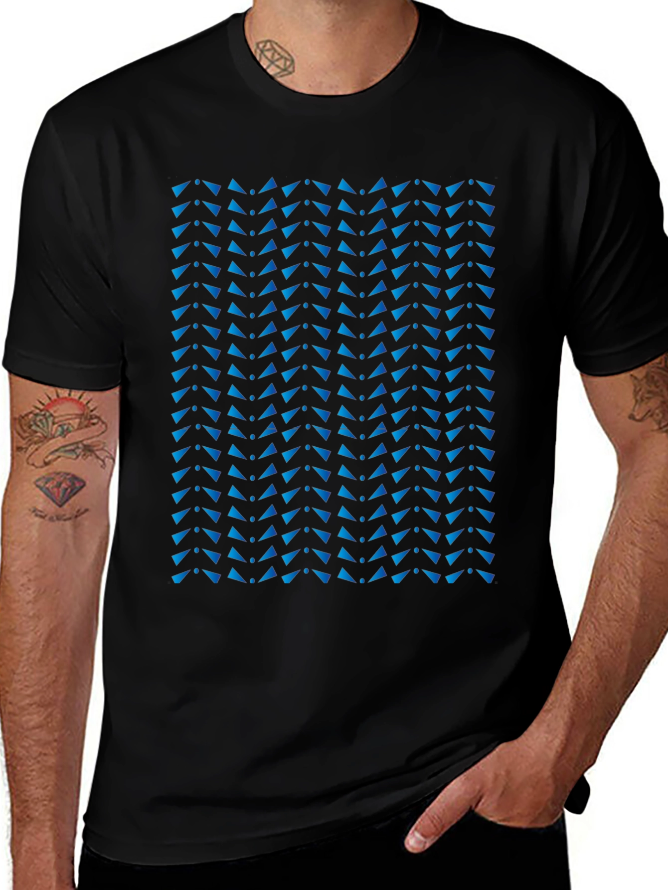 Stylish Black Tee with Blue Triangle Pattern