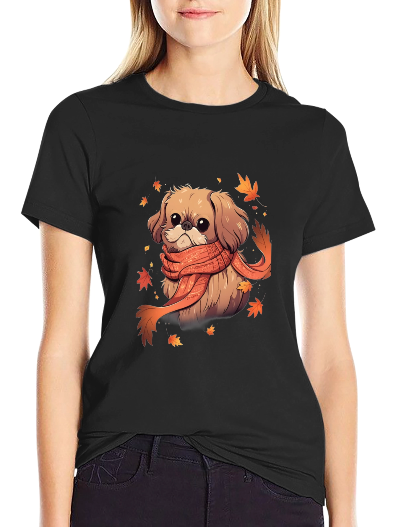 Autumn Puppy Tee: Cute Dog with Scarf Shirt