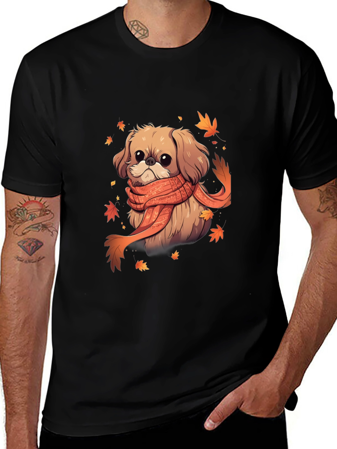 Autumn Puppy Tee: Cute Dog with Scarf Shirt