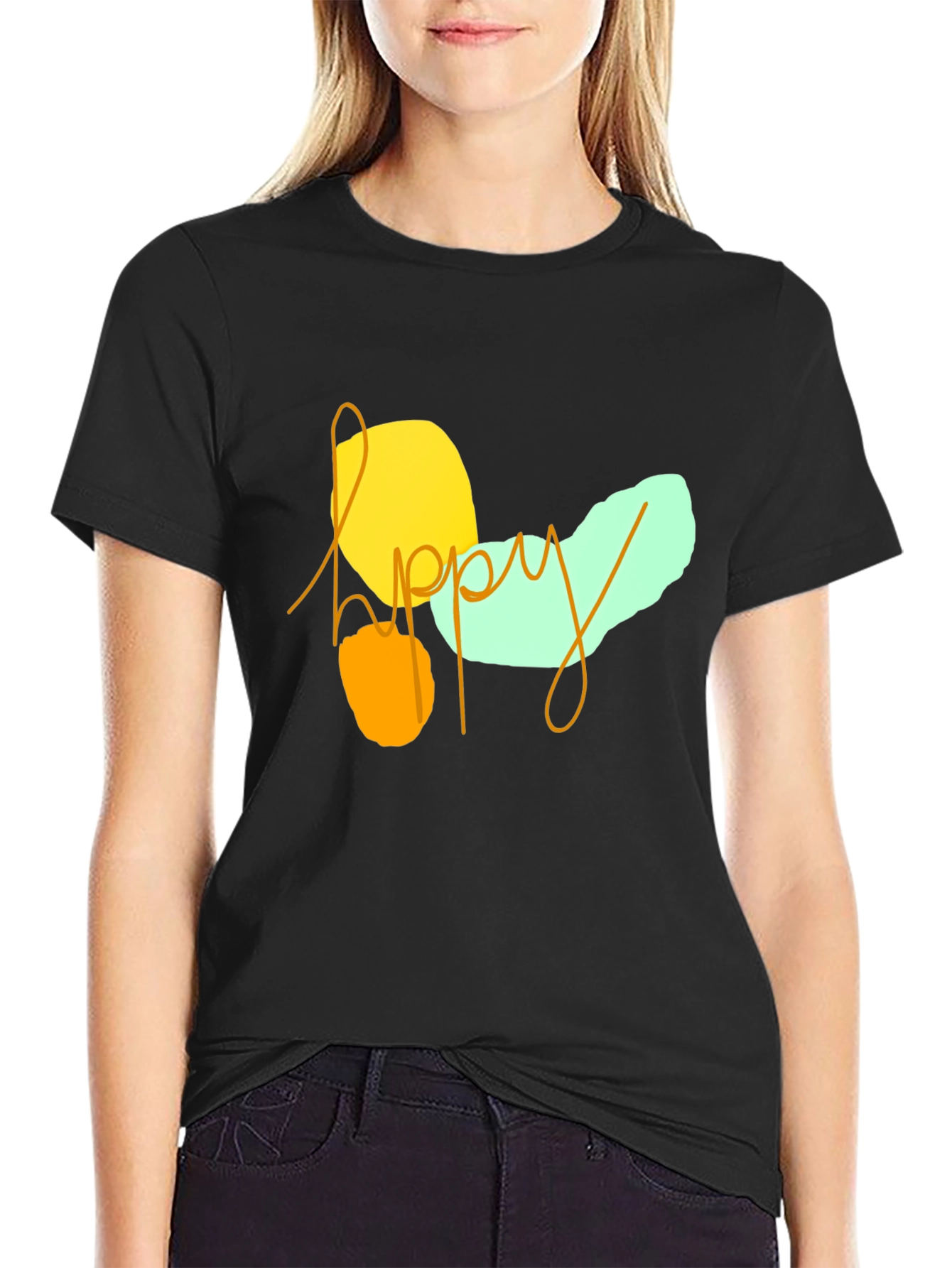 Happy Graphic Print Black T-Shirt