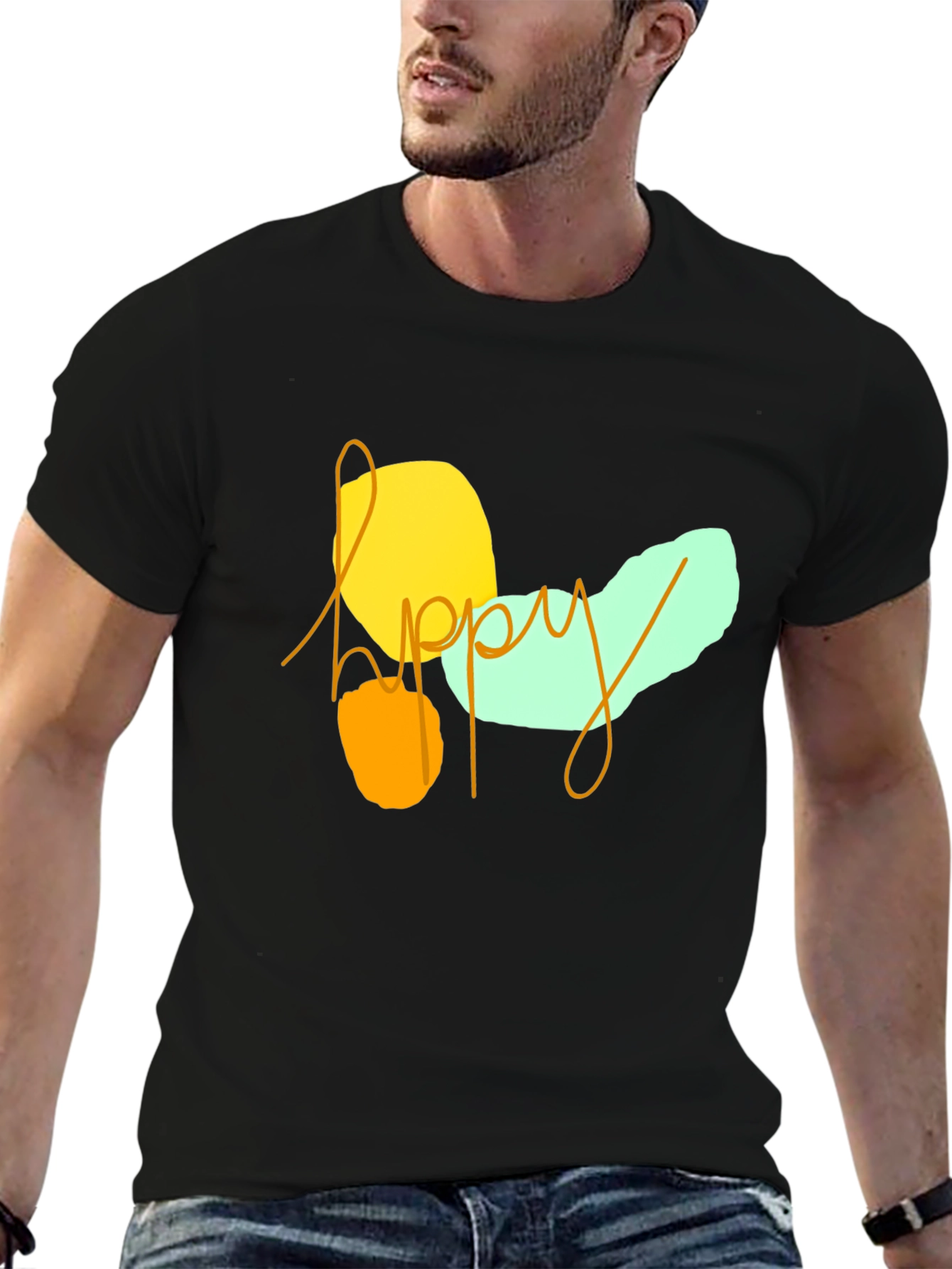 Happy Graphic Print Black T-Shirt
