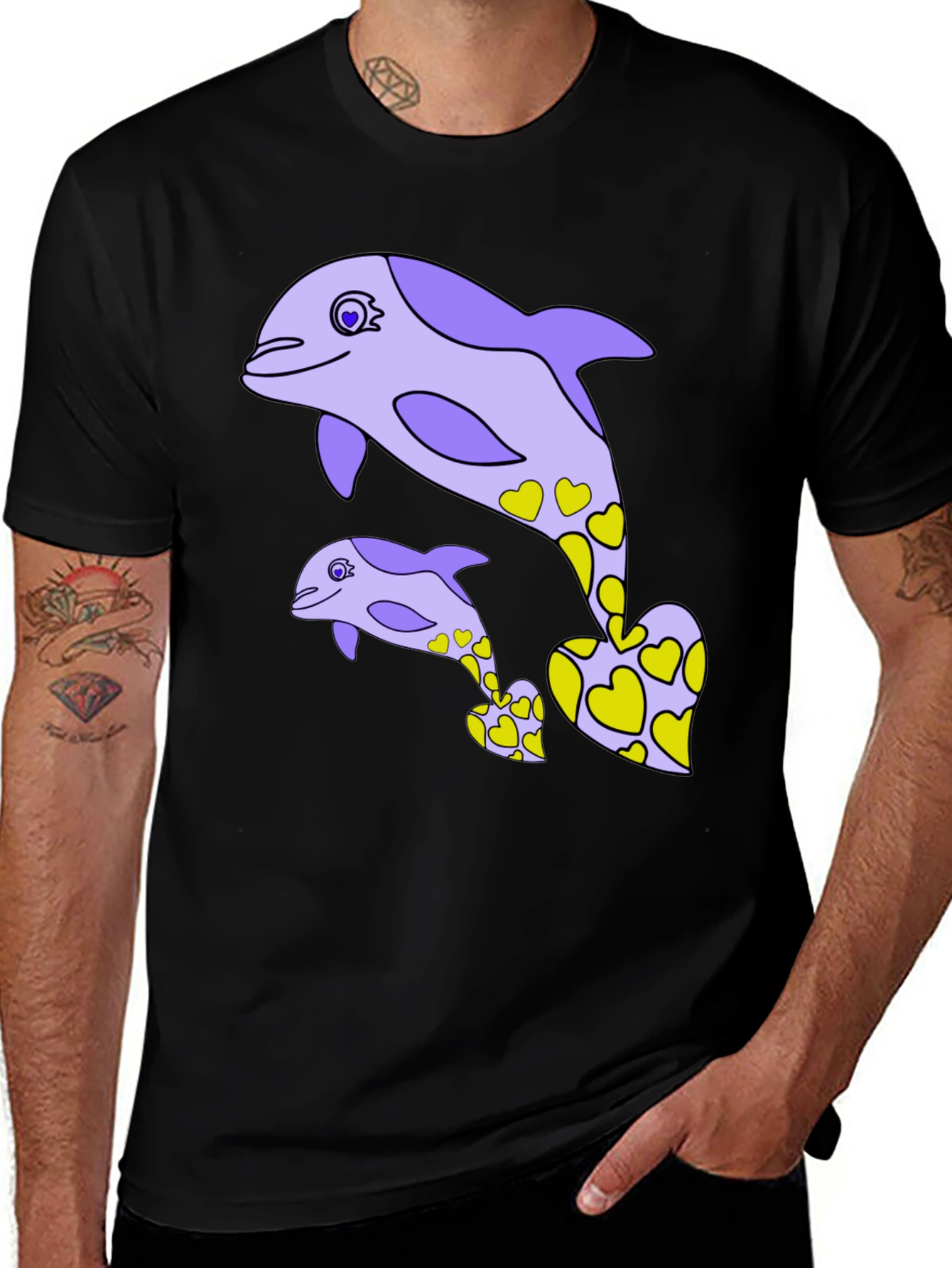 Dolphin Heart Graphic Tee - Black Cotton Casual T-Shirt